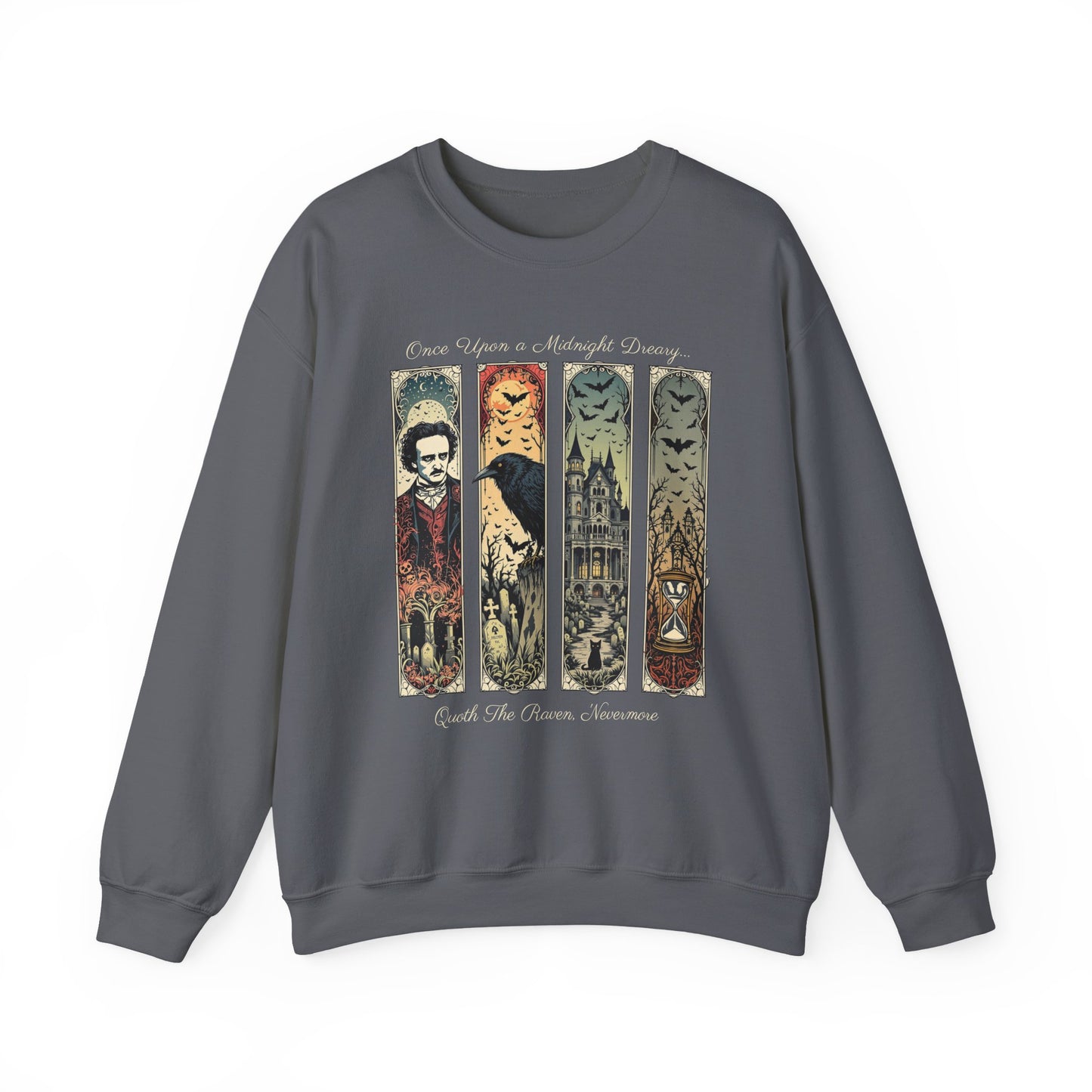 Edgar Allan Poe Sweatshirt The Raven Nevermore Gothic Horror Sweater Dark Academia Macabre Halloween Gift for Book Lovers Birthday Christmas Sweatshirt Printify Charcoal S