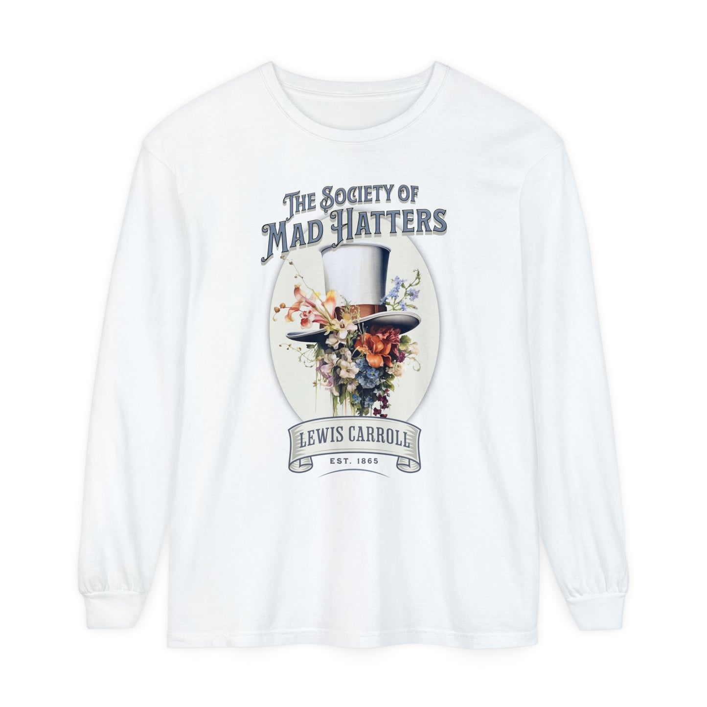 Alice in Wonderland Long Sleeve Shirt, Vintage Lewis Carroll The Mad Hatter TShirt, Tea Party, Queen of Hearts Bookish Booktok Academia Gift Long-sleeve Printify White S
