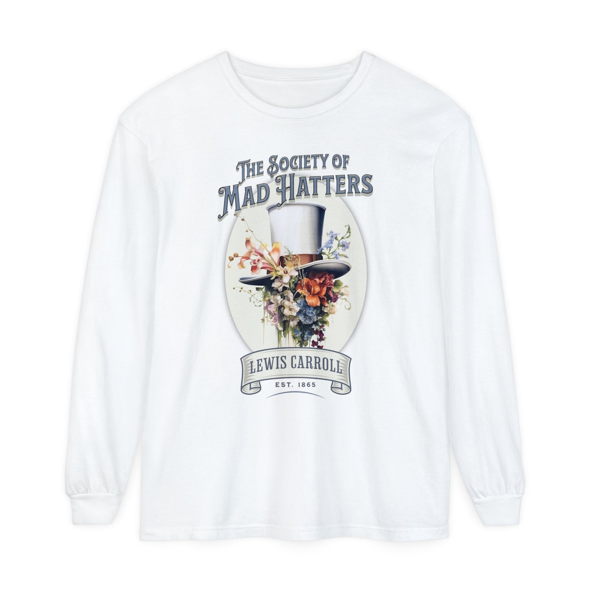 Alice in Wonderland Long Sleeve Shirt, Vintage Lewis Carroll The Mad Hatter TShirt, Tea Party, Queen of Hearts Bookish Booktok Academia Gift Long-sleeve Printify White S