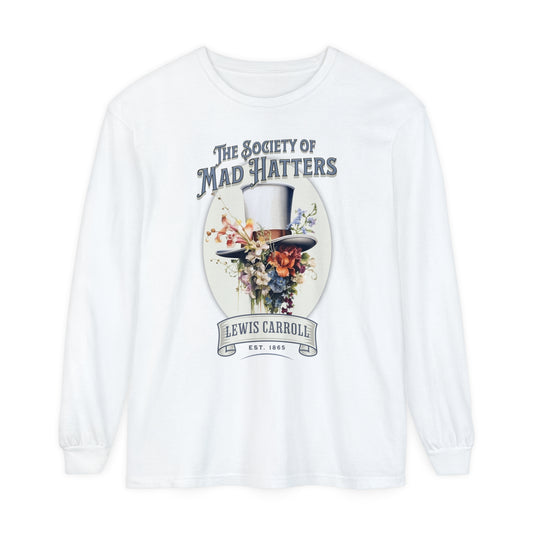 Alice in Wonderland Long Sleeve Shirt, Vintage Lewis Carroll The Mad Hatter TShirt, Tea Party, Queen of Hearts Bookish Booktok Academia Gift Long-sleeve Printify White S