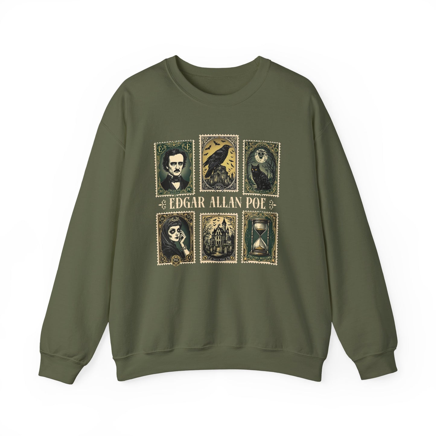 Edgar Allan Poe Sweatshirt The Raven Nevermore Gothic Horror Sweater Dark Academia Macabre Halloween Gift for Book Lovers Birthday Christmas Sweatshirt Printify Military Green S