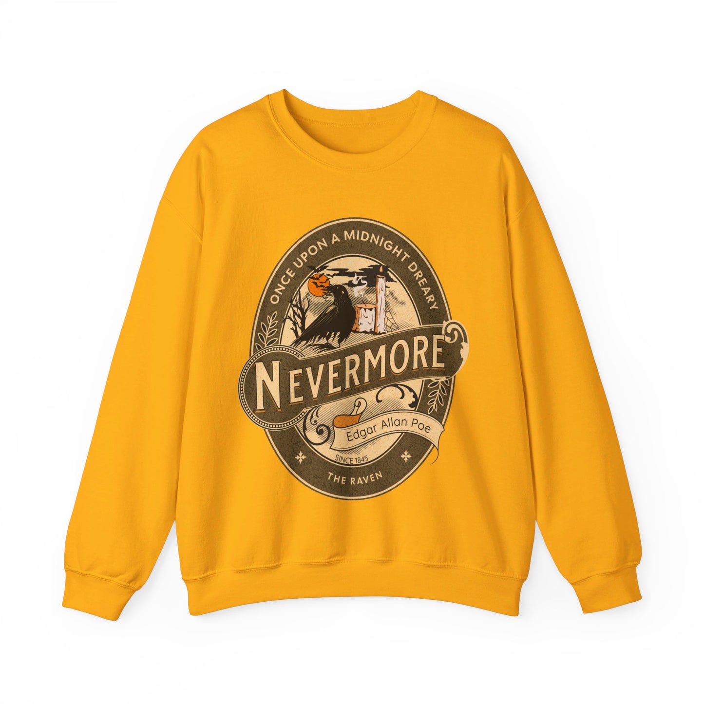 Edgar Allan Poe, Nevermore The Raven Sweatshirt, Book Lover, Halloween, Haunting Gothic Gift, Light, Dark Academia, Horror Movie Sweater Sweatshirt Printify S Gold