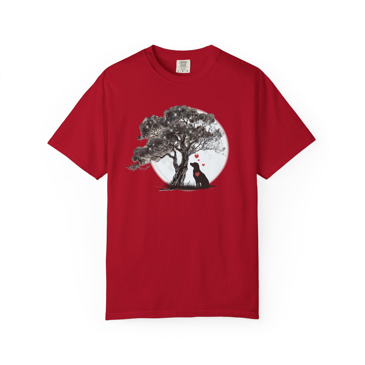 TREE MOON PET Black Dog Under Tree with Red Ball T-shirt | Dog Silhouette Nature Tee