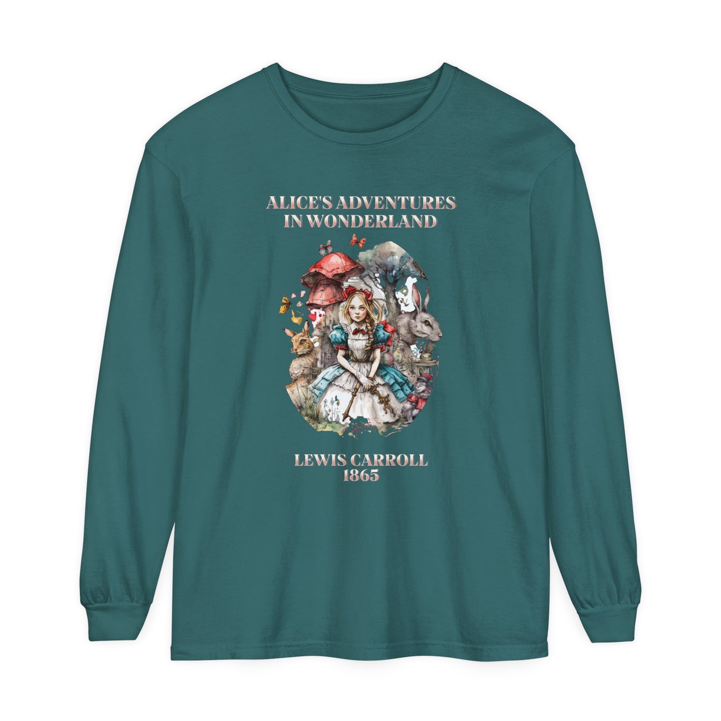 Alice in Wonderland Vintage Long Sleeve Shirt, Lewis Carroll Dark Academia TShirt, Mad Hatter Tea Party Queen of Hearts Bookish Booktok Gift Long-sleeve Printify Blue Spruce S