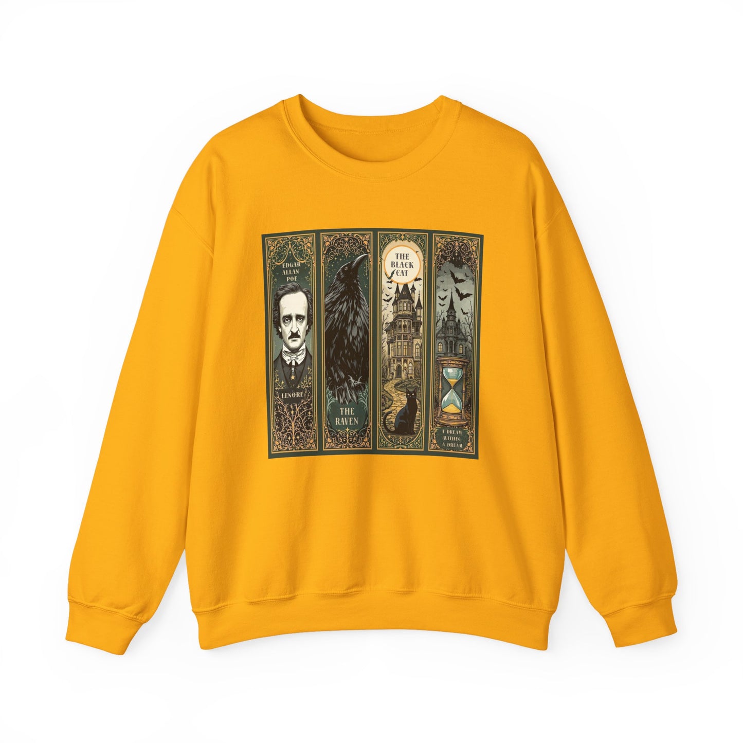 Edgar Allan Poe Sweatshirt The Raven Nevermore Gothic Horror Sweater Dark Academia Macabre Halloween Gift for Book Lovers Birthday Christmas Sweatshirt Printify Gold S