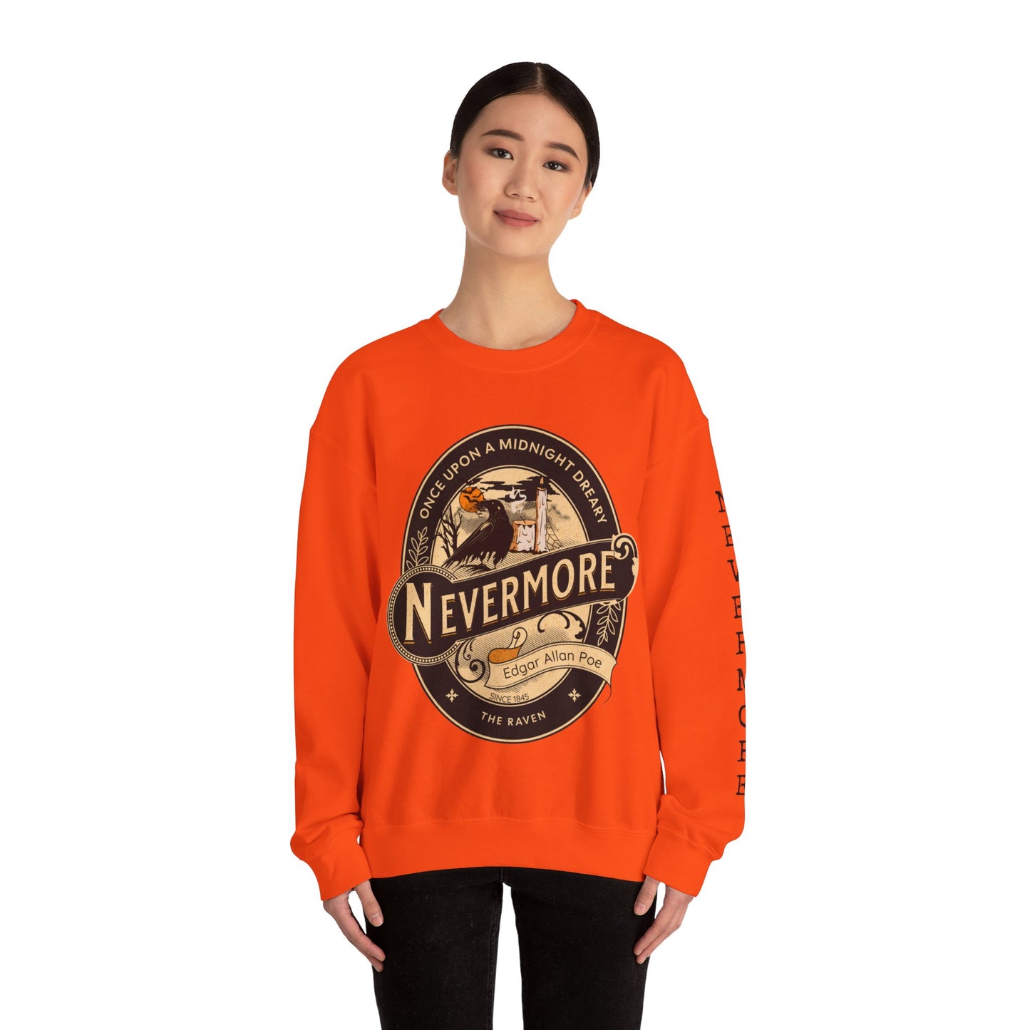 Edgar Allan Poe, Sleeve Print Nevermore The Raven Sweatshirt, Book Lover, Halloween, Haunting Gothic Gift, Light, Dark Academia, Horror Movie Sweater Sweatshirt Printify