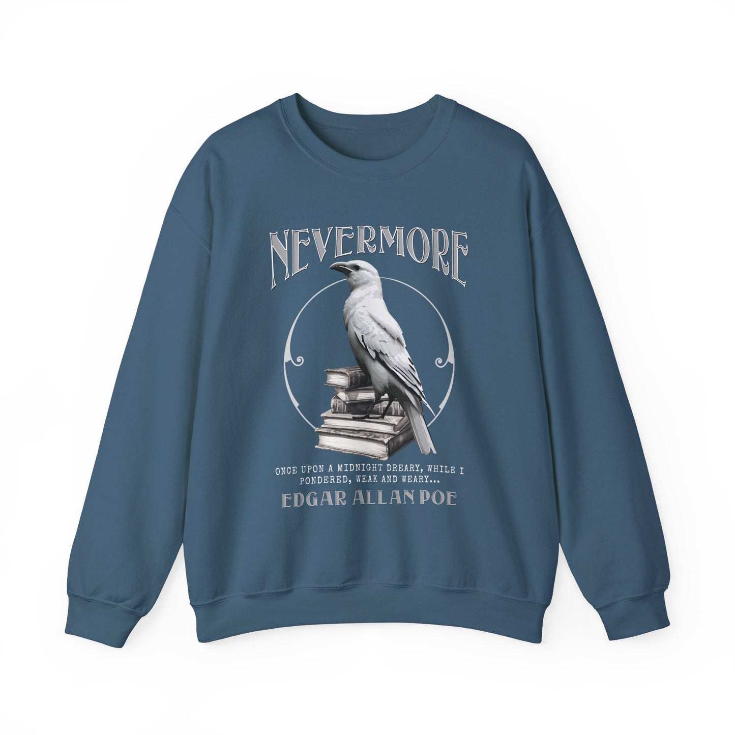 The White Raven Edgar Allan Poe Nevermore Sweatshirt Book Lover Halloween Haunting Gothic Gift Light Dark Academia Horror Movie Bookclub Sweater Sweatshirt Printify S Indigo Blue