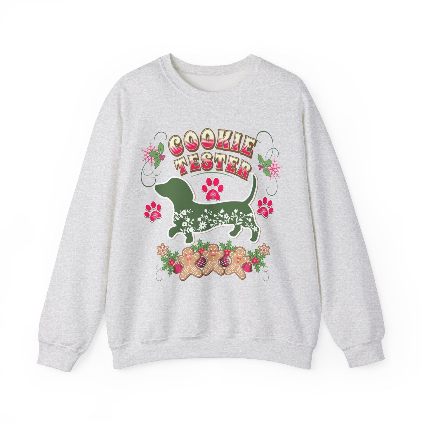 Christmas Dachshund Lover Baking Sweatshirt, Doxie Cookie Tester XMas T-Shirt, Dog Lover Shirt, Matching Family Christmas Cookie Baking Gift Sweatshirt Printify S Ash
