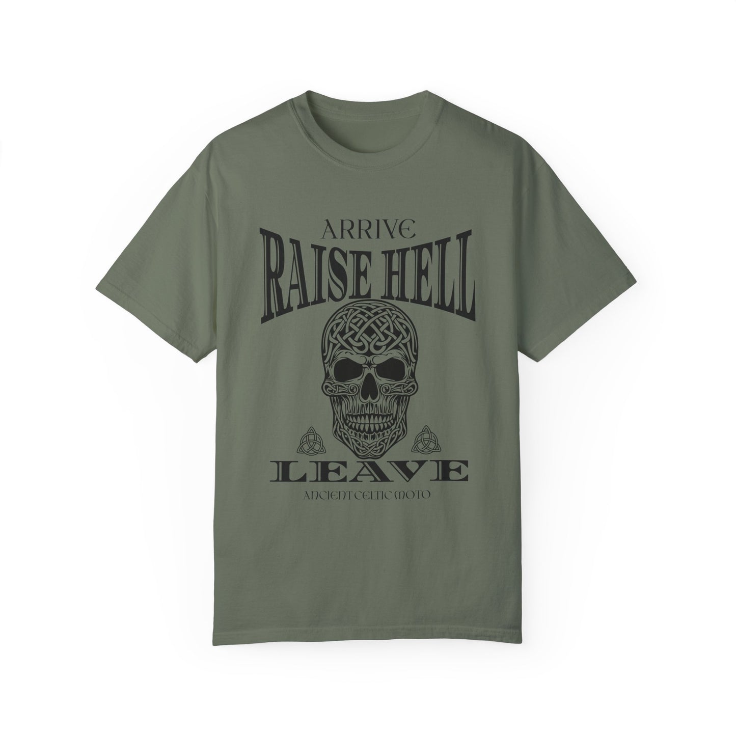 Renfaire Celtic Skull Design T-Shirt Raise Hell Celtic Moto Medieval Renaissance Comfortable Style Tee For Festivals And Music Events T-Shirt Printify Moss S