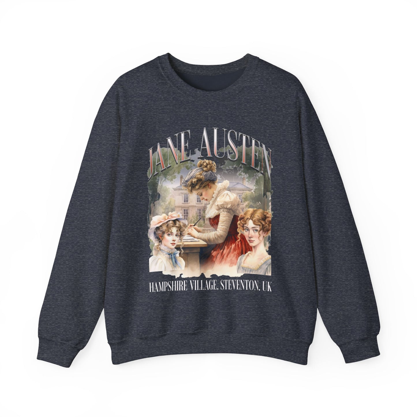 Retro Jane Austen Unisex Heavy Blend™ Crewneck Sweatshirt Sweatshirt Printify S Heather Sport Dark Navy