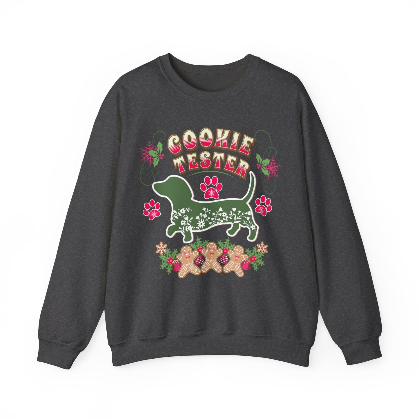 Christmas Dachshund Lover Baking Sweatshirt, Doxie Cookie Tester XMas T-Shirt, Dog Lover Shirt, Matching Family Christmas Cookie Baking Gift Sweatshirt Printify S Dark Heather