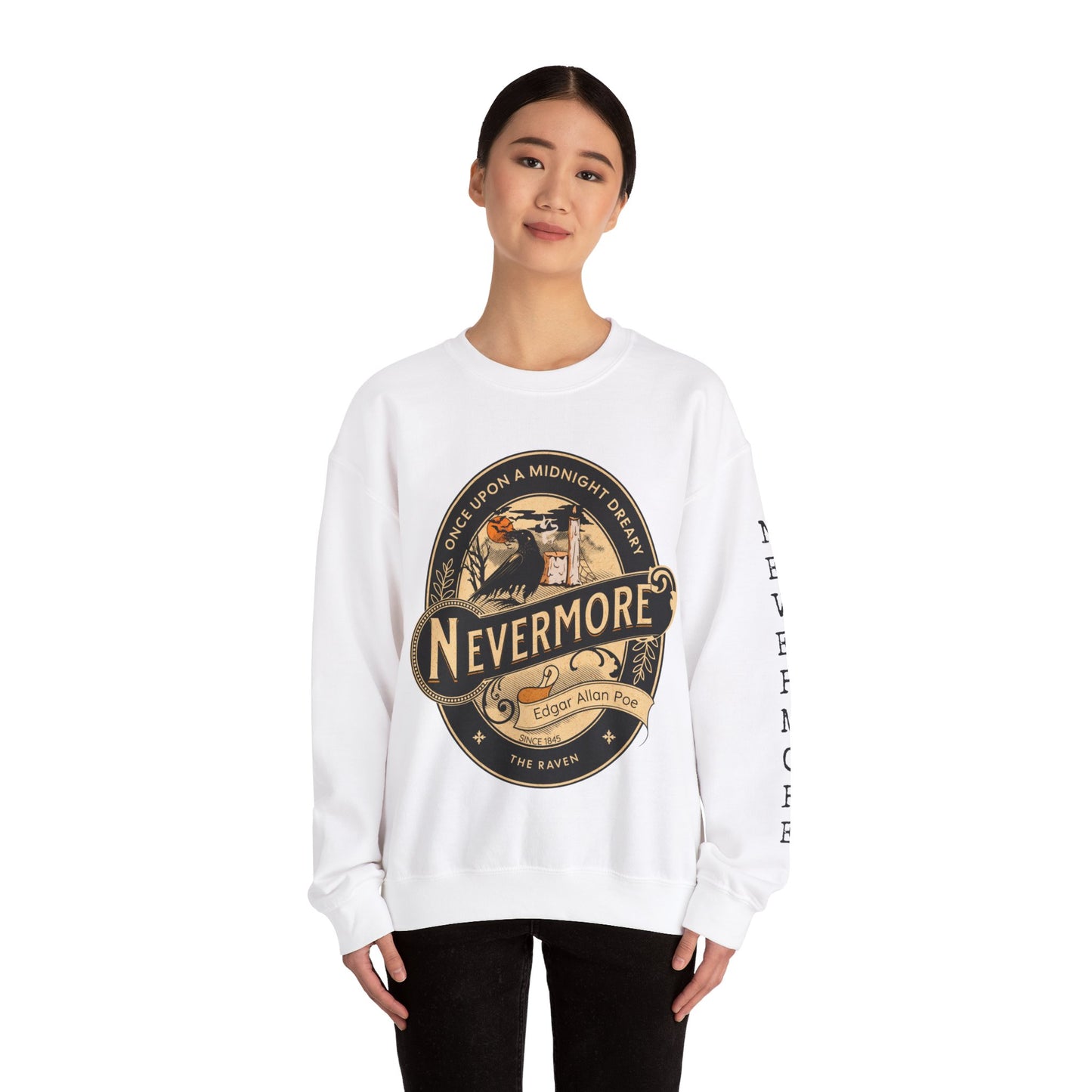 Edgar Allan Poe, Sleeve Print Nevermore The Raven Sweatshirt, Book Lover, Halloween, Haunting Gothic Gift, Light, Dark Academia, Horror Movie Sweater Sweatshirt Printify