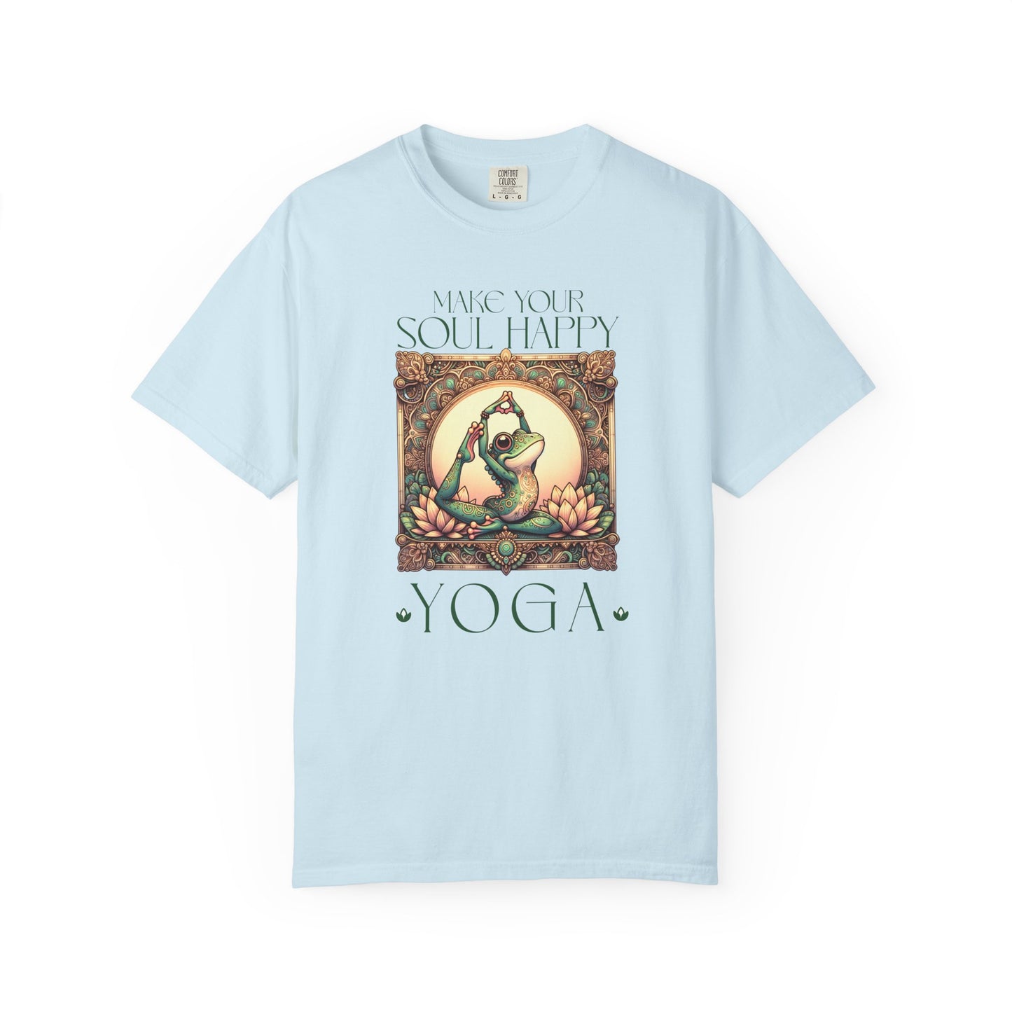 Green Yoga Frog Make Your Soul Happy Unisex T-Shirt, Casual Wear, Highlander Fan Gift, T-Shirt Printify Chambray S
