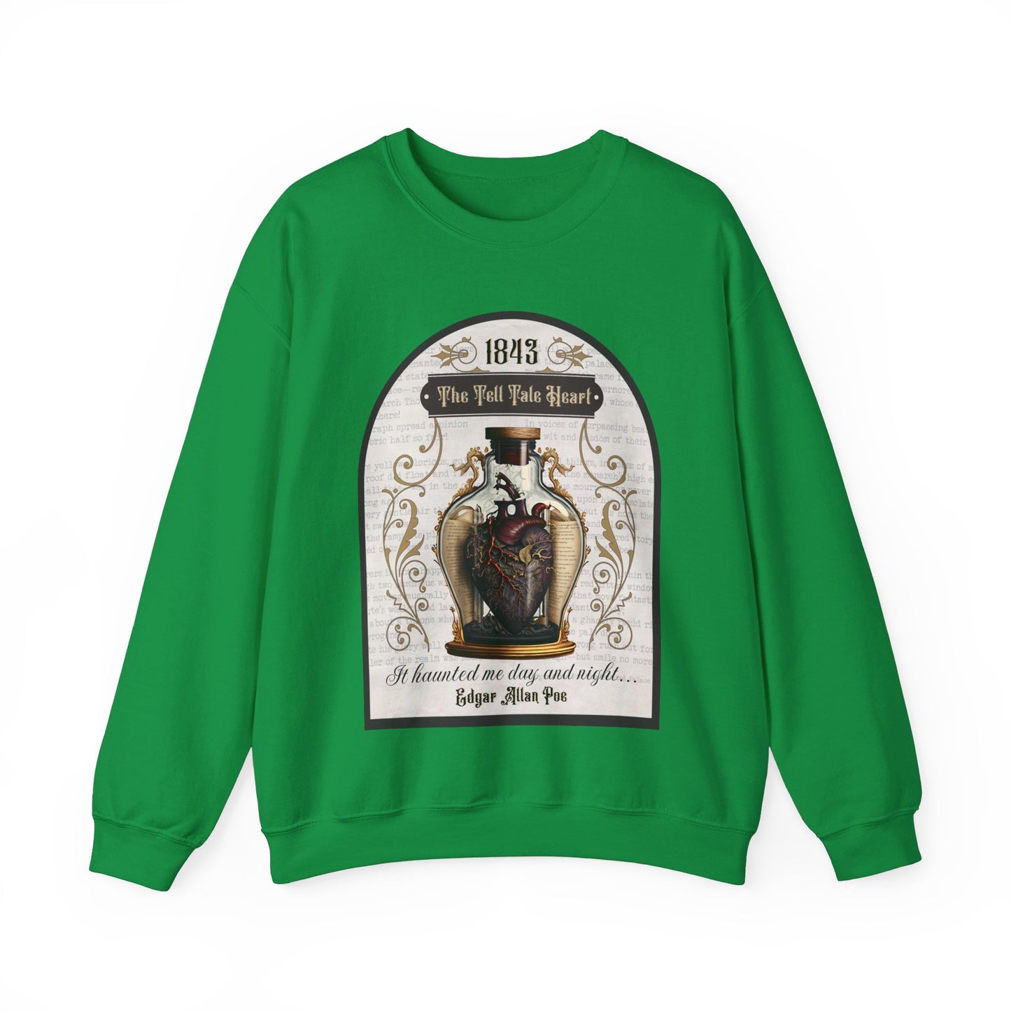 Edgar Allan Poe, The Tell Tale Heart Sweatshirt, Book Lover, Halloween, Haunting Gothic Gift, Light, Dark Academia, Horror Movie Sweater Sweatshirt Printify S Irish Green