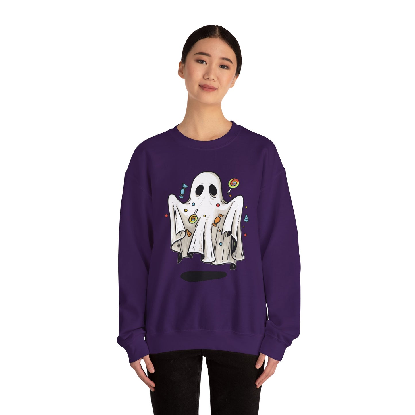 Cute Halloween Ghost Floating, Covered in Candy Sweatshirt, Trick or Treat Shirt, Spooky Ghost Season, Fun Halloween Party, Festival Sweater Sweatshirt Printify