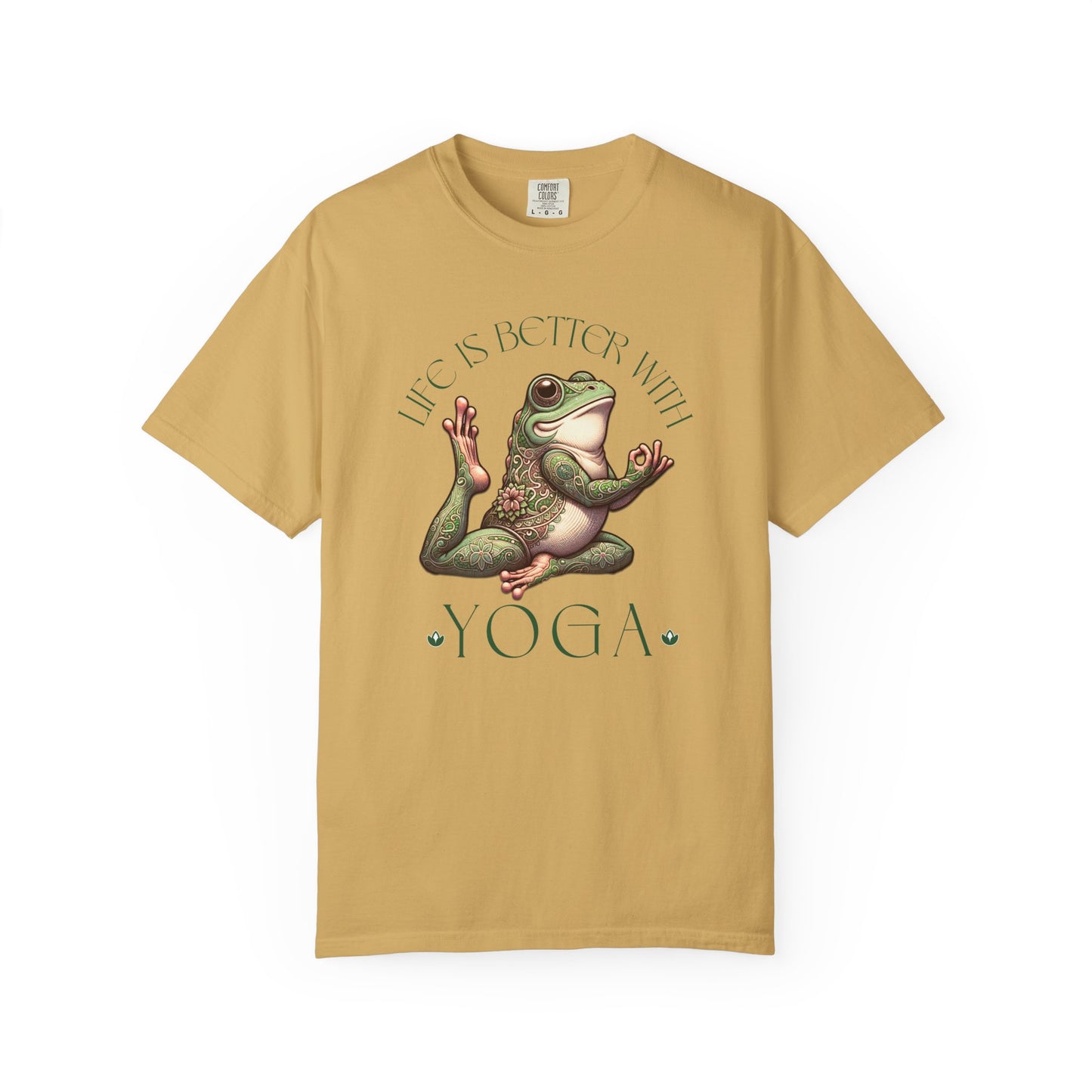 Green Yoga Frog Life Is Better With Yoga Unisex T-Shirt, Casual Wear, Highlander Fan Gift, T-Shirt Printify Mustard S