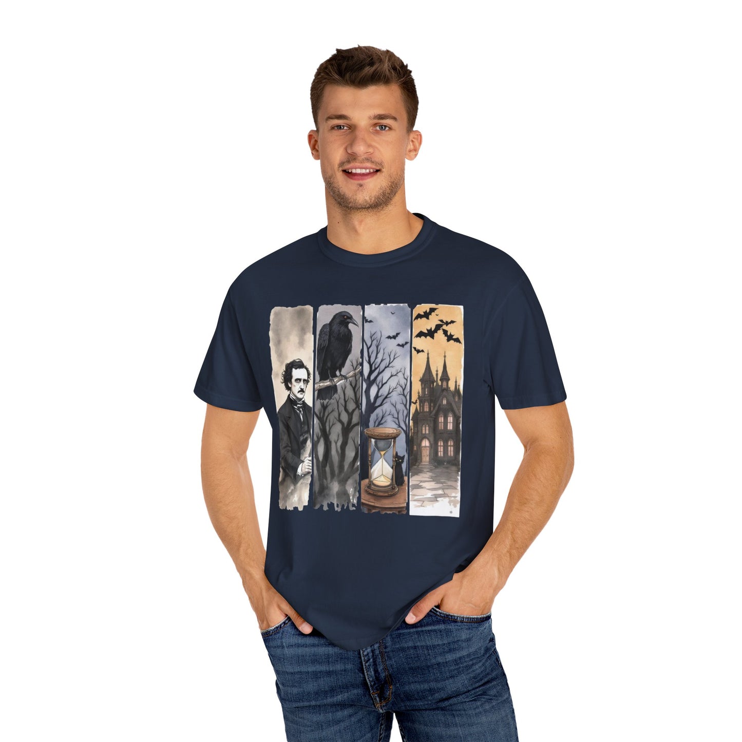 Edgar Allan Poe T-Shirt Gothic Graphic Tee The Raven Nevermore Quote Horror Literature Shirt Dark Academia Aesthetic Halloween Party Gift