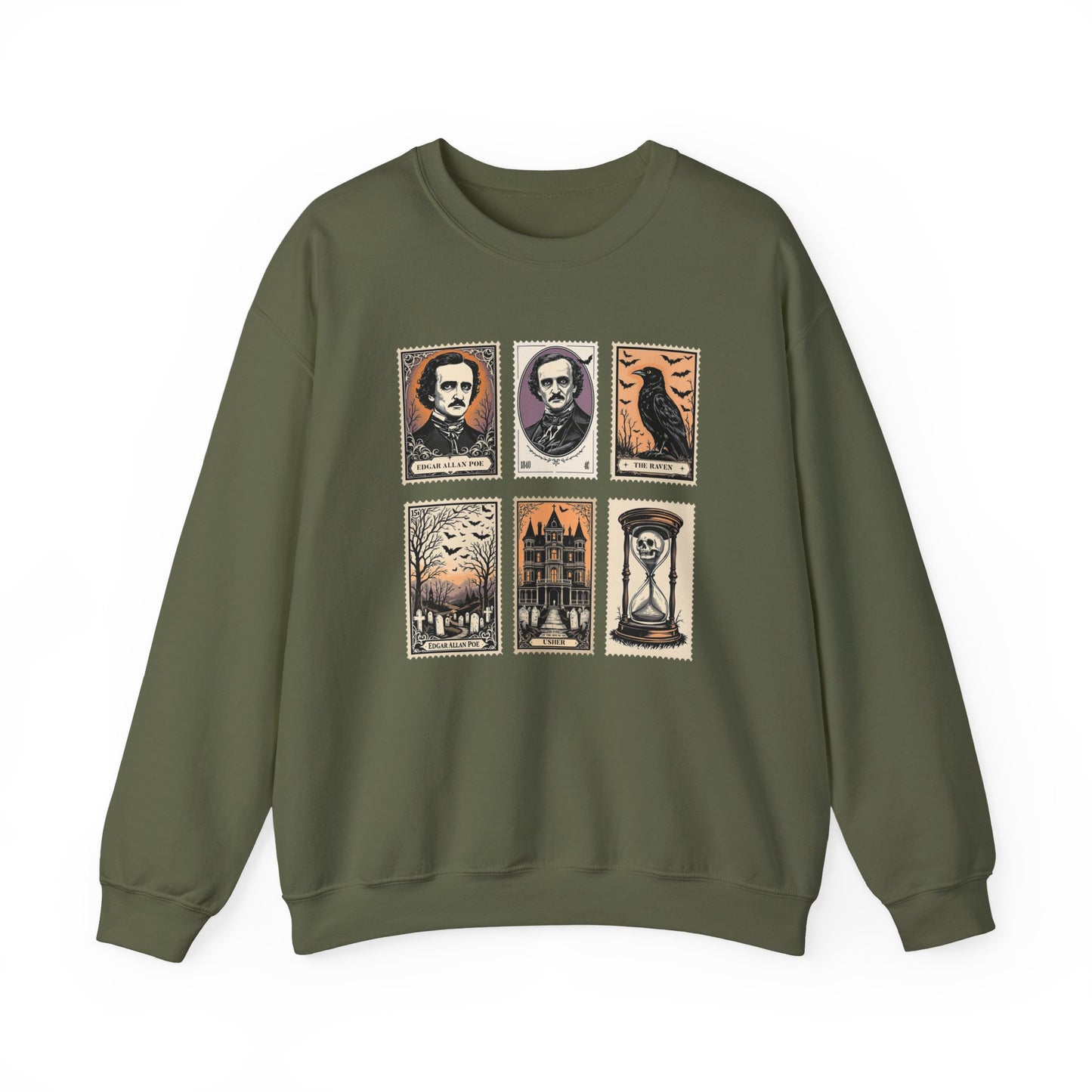 Edgar Allan Poe Sweatshirt The Raven Nevermore Gothic Horror Sweater Dark Academia Macabre Halloween Gift for Book Lovers Birthday Christmas Sweatshirt Printify Military Green S