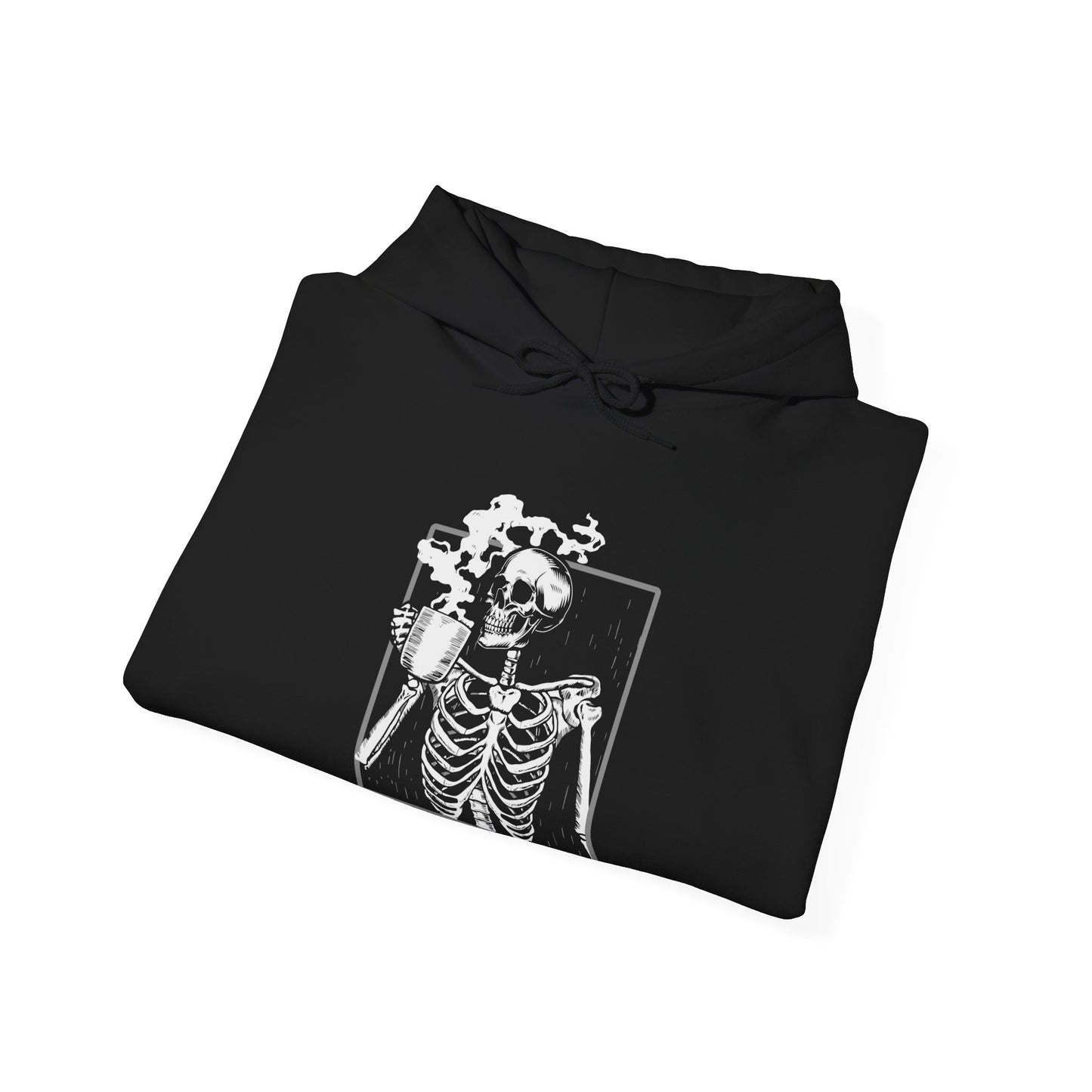 Halloween Skeleton Hoodie, Funny Coffee Drinking Skeleton, Spooky Season Sweater, Trick or Treating Shirt, Warm Halloween Party Hoodie Hoodie Printify