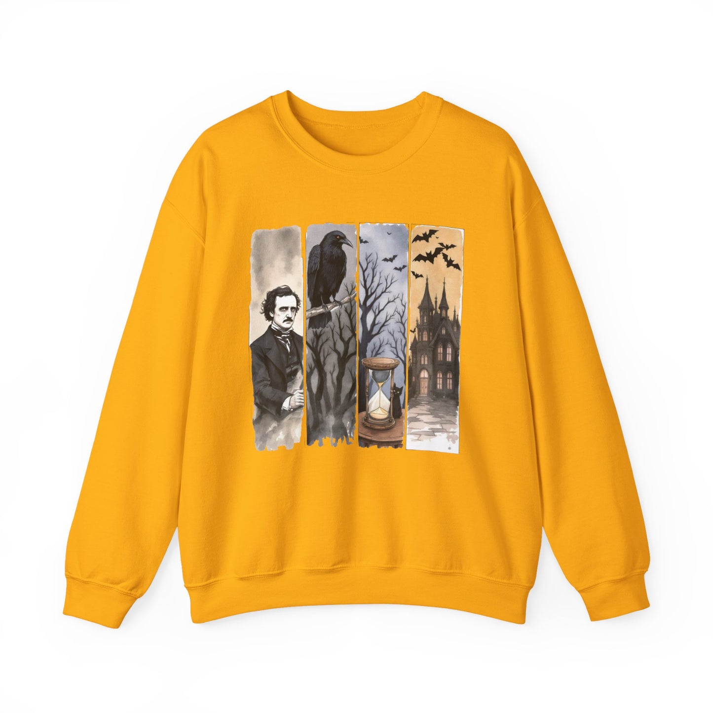 Edgar Allan Poe Sweatshirt The Raven Nevermore Gothic Horror Sweater Dark Academia Macabre Halloween Gift for Book Lovers Birthday Christmas Sweatshirt Printify Gold S