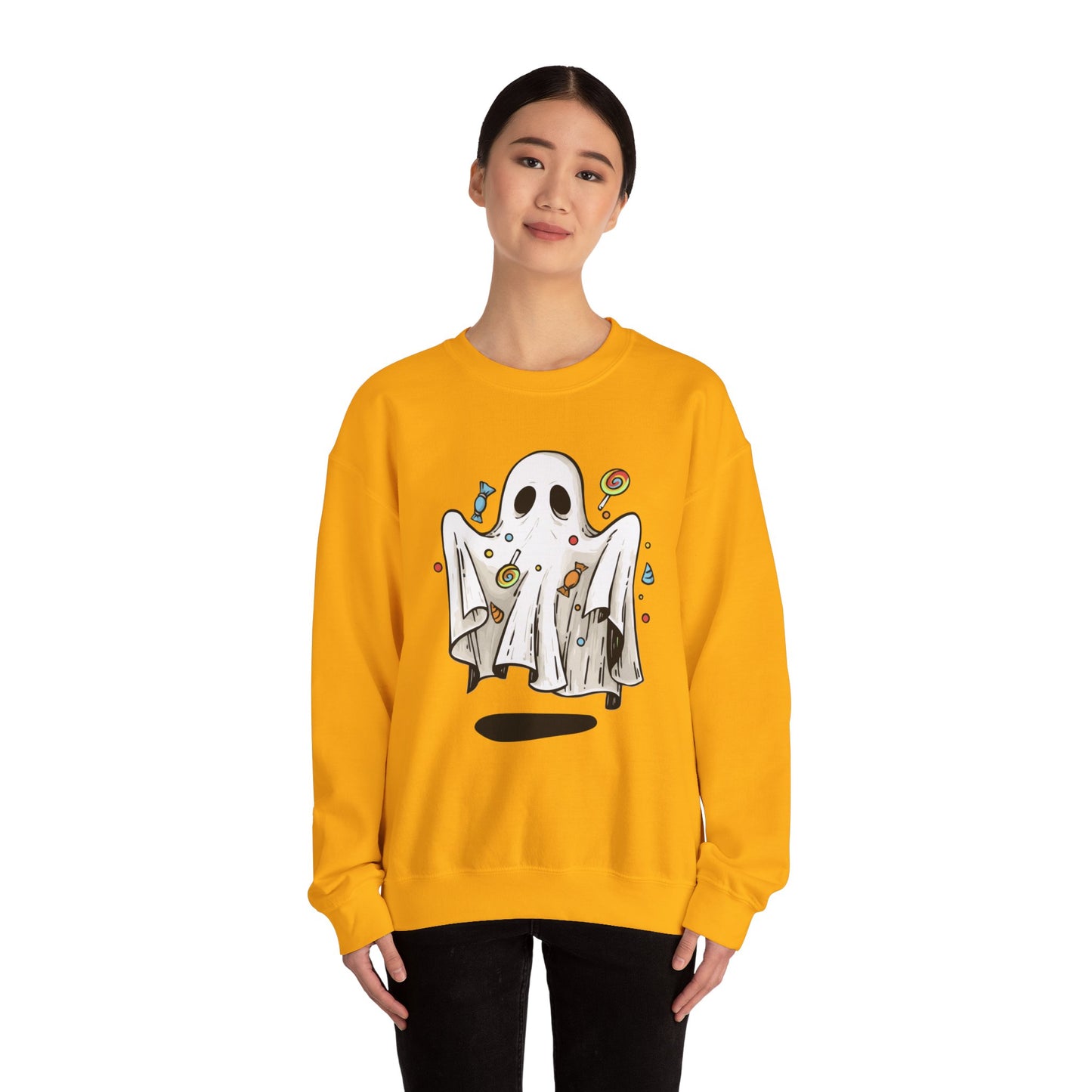 Cute Halloween Ghost Floating, Covered in Candy Sweatshirt, Trick or Treat Shirt, Spooky Ghost Season, Fun Halloween Party, Festival Sweater Sweatshirt Printify