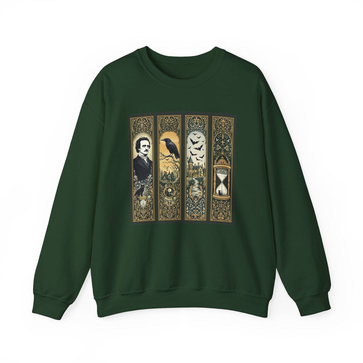 Edgar Allan Poe Sweatshirt The Raven Nevermore Gothic Horror Sweater Dark Academia Macabre Halloween Gift for Book Lovers Birthday Christmas Sweatshirt Printify Forest Green S