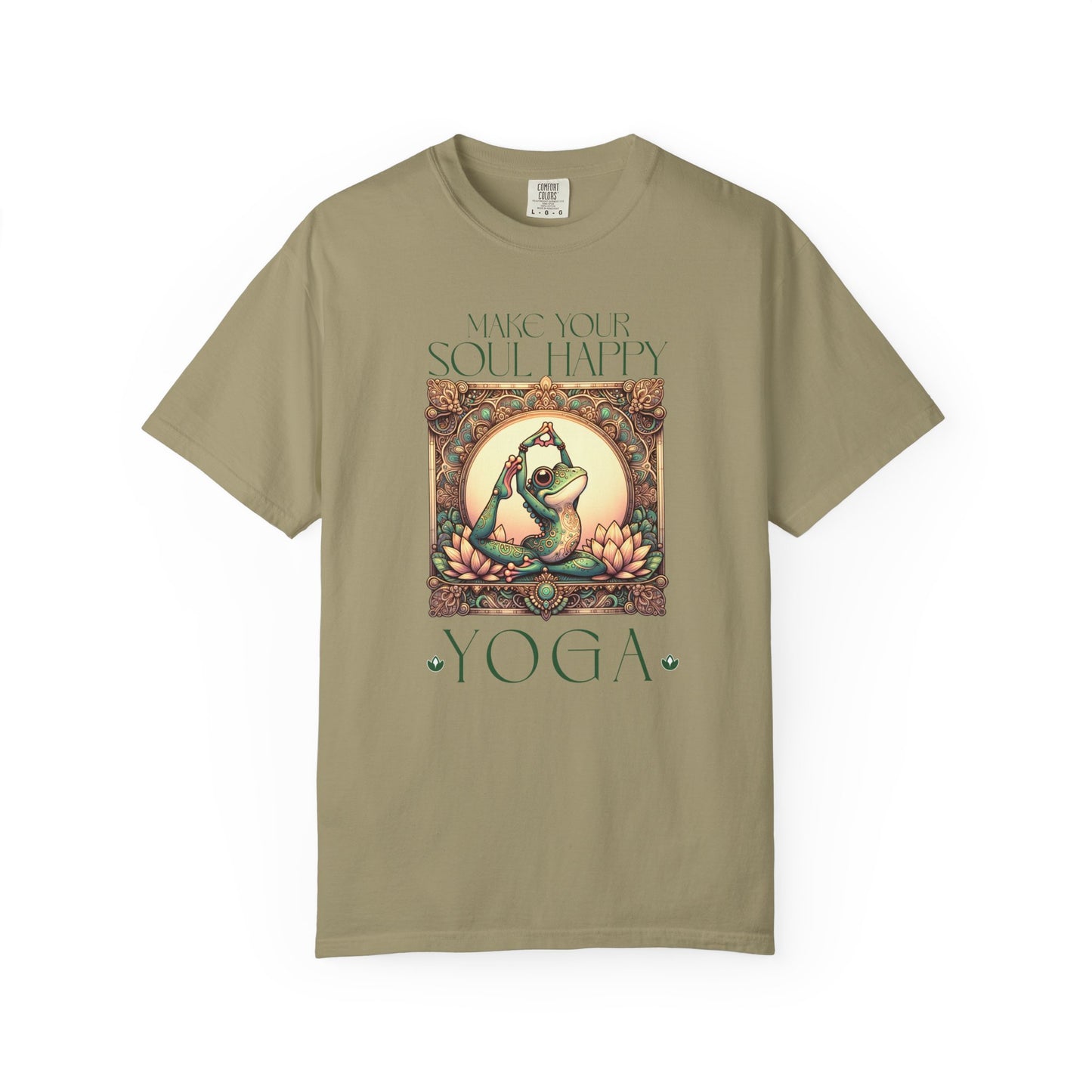 Green Yoga Frog Make Your Soul Happy Unisex T-Shirt, Casual Wear, Highlander Fan Gift, T-Shirt Printify Khaki S