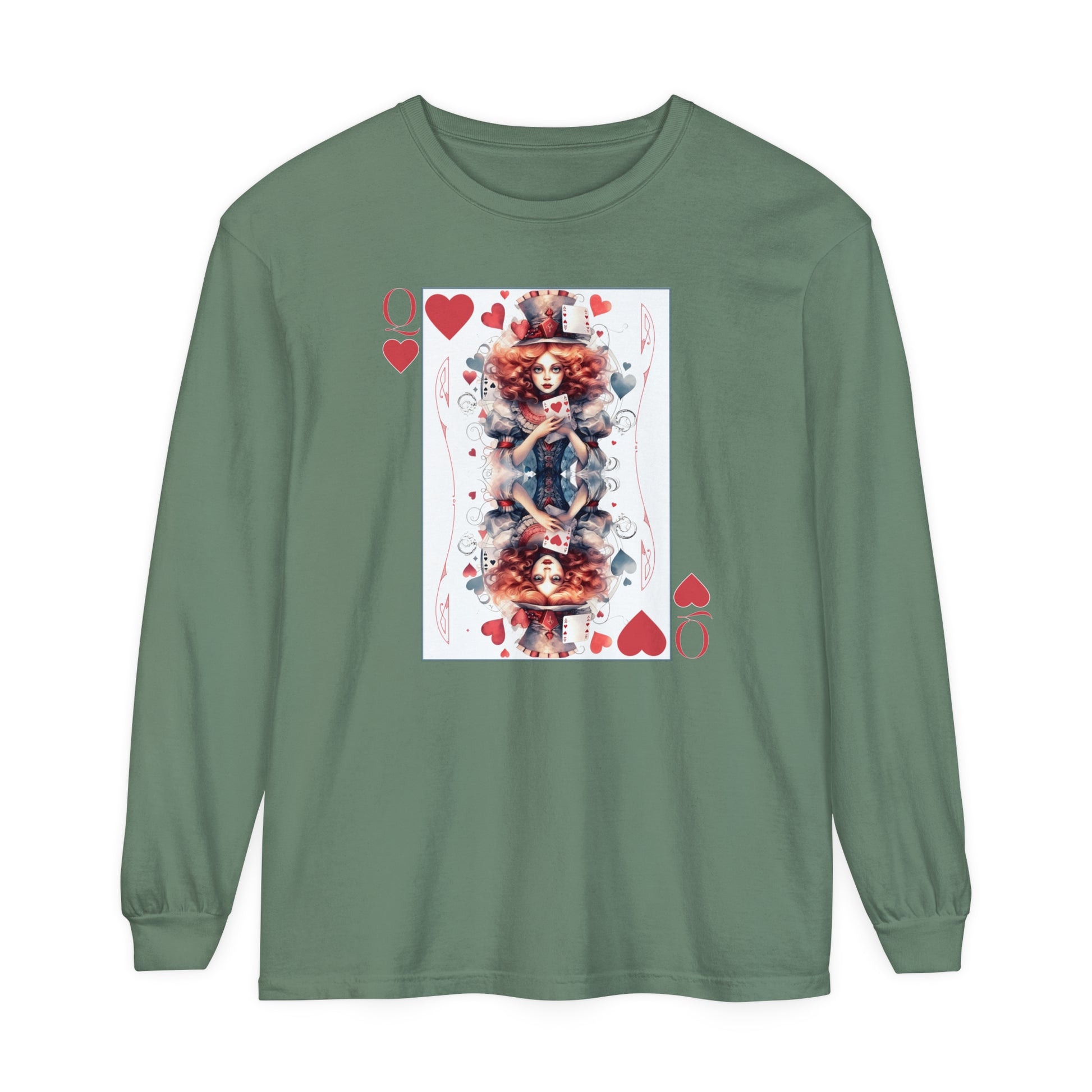 Queen of Hearts Long Sleeve Shirt Alice In Wonderland Lewis Carroll Whimsigoth Academia TShirt Mad Hatter Tea Party Tee Bookish Booktok Gift Long-sleeve Printify Light Green S