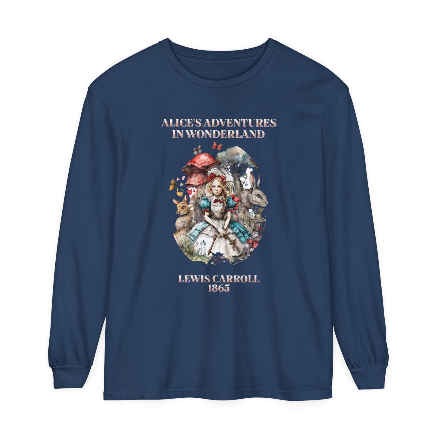Alice in Wonderland Vintage Long Sleeve Shirt, Lewis Carroll Dark Academia TShirt, Mad Hatter Tea Party Queen of Hearts Bookish Booktok Gift Long-sleeve Printify Midnight S