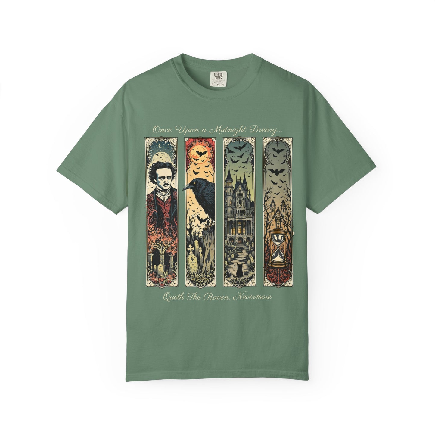 Edgar Allan Poe T-Shirt Gothic Graphic Tee The Raven Nevermore Quote Horror Literature Shirt Dark Academia Aesthetic Halloween Party Gift T-Shirt Printify Light Green S
