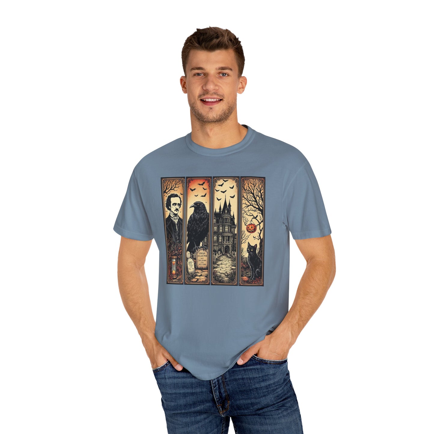 Edgar Allan Poe T-Shirt Gothic Graphic Tee The Raven Nevermore Quote Horror Literature Shirt Dark Academia Aesthetic Halloween Party Gift