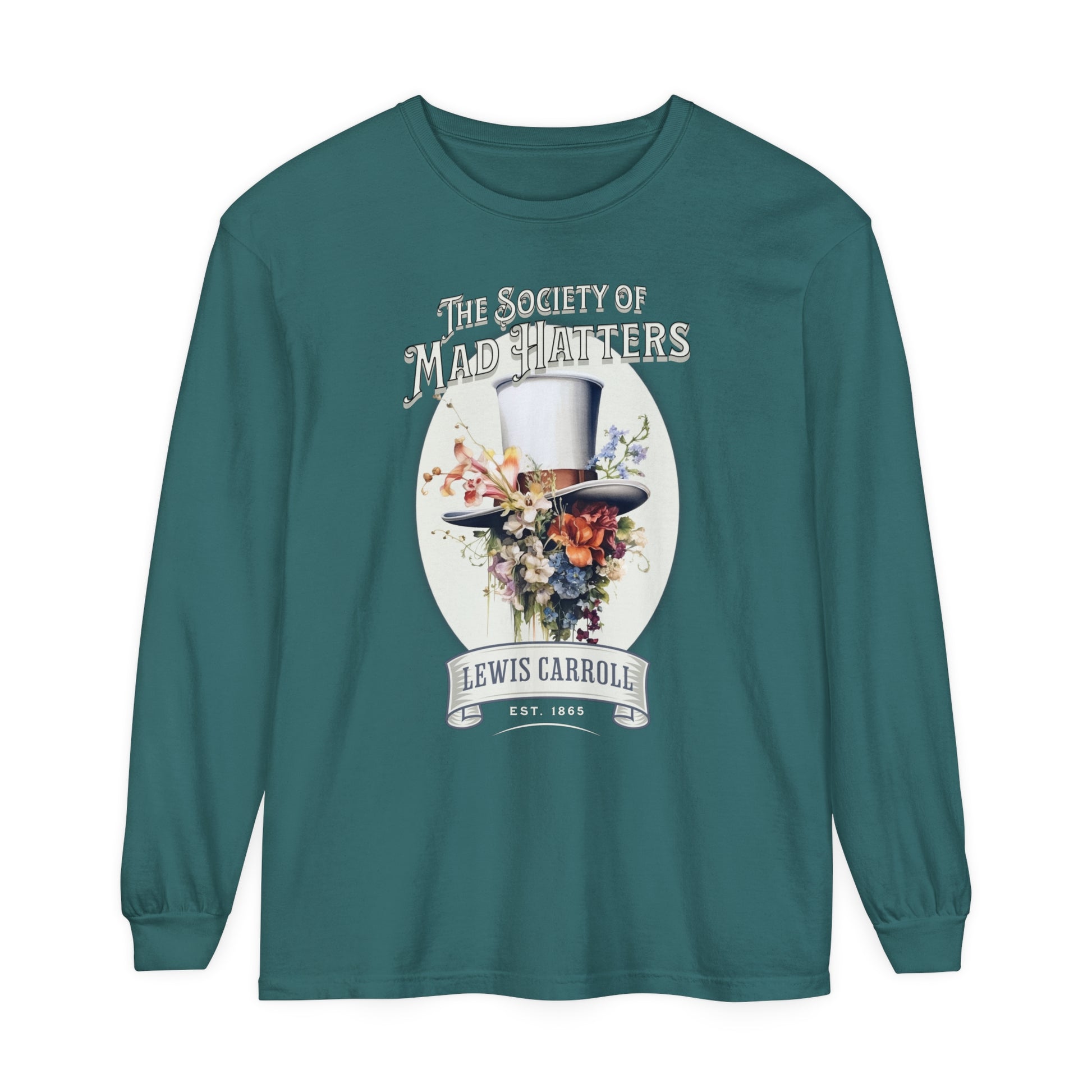 Alice in Wonderland Long Sleeve Shirt, Vintage Lewis Carroll The Mad Hatter TShirt, Tea Party, Queen of Hearts Bookish Booktok Academia Gift Long-sleeve Printify Blue Spruce S