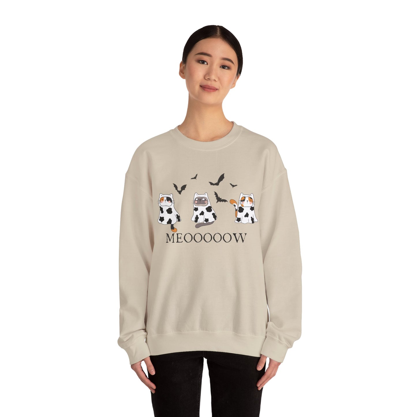 Cute Halloween Cow Ghost Cats Sweatshirt, Cats in Cow Ghost Costumes, Spooky Season Sweater, Halloween Party Shirt, Cat Lover Gift Sweatshirt Printify