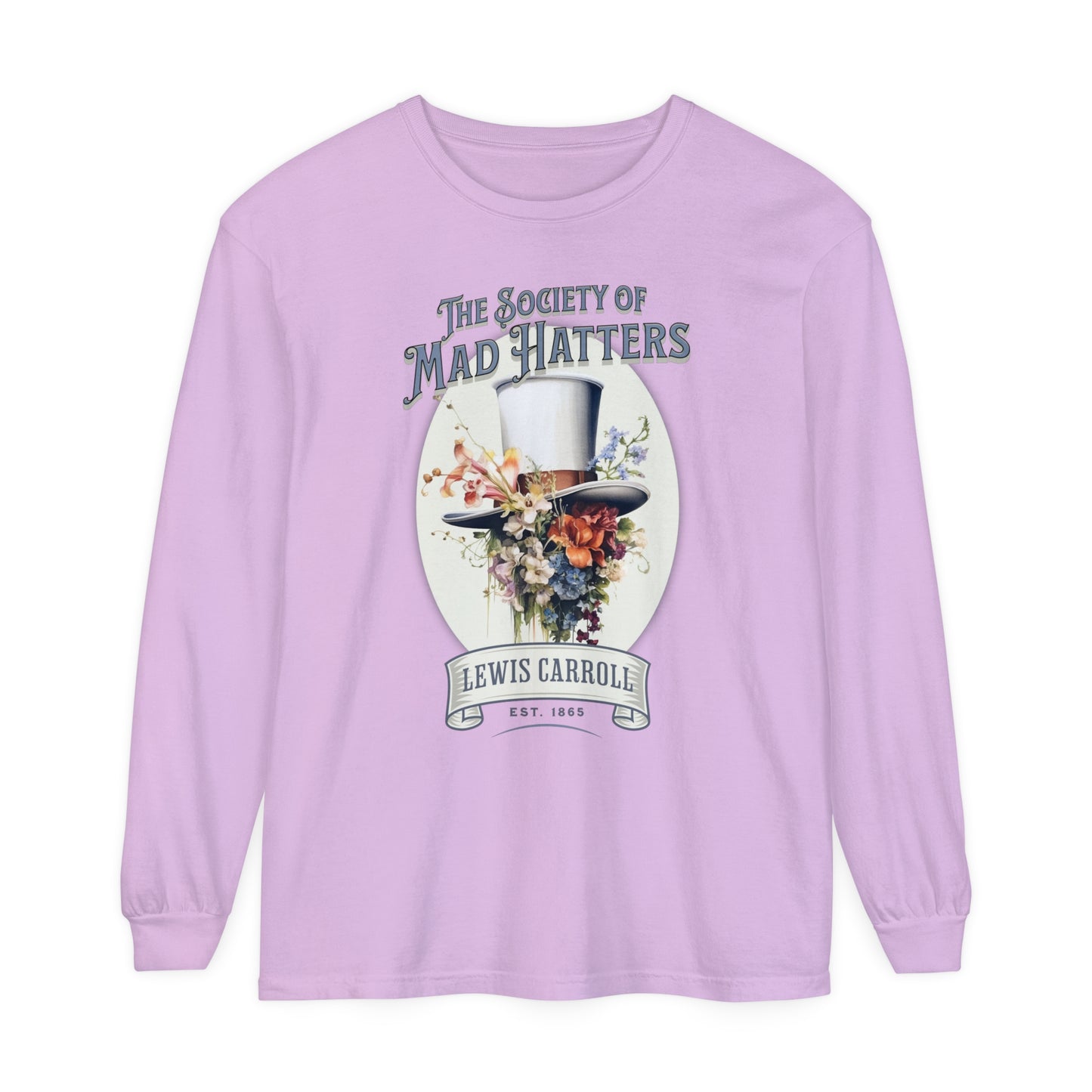 Alice in Wonderland Long Sleeve Shirt, Vintage Lewis Carroll The Mad Hatter TShirt, Tea Party, Queen of Hearts Bookish Booktok Academia Gift Long-sleeve Printify Orchid S
