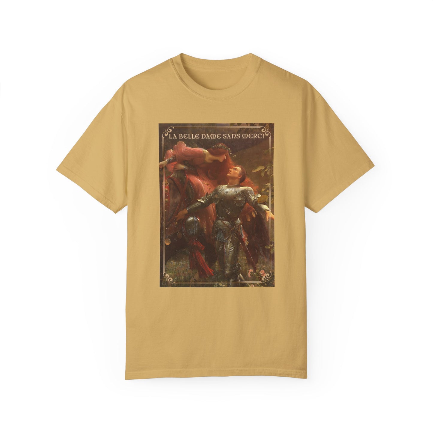 La Belle Dame Sans Merci Print T-Shirt Renaissance Renfaire Theme Merch Perfect Comfortable Medieval Festival Shirt Art History Lover Gift T-Shirt Printify Mustard S