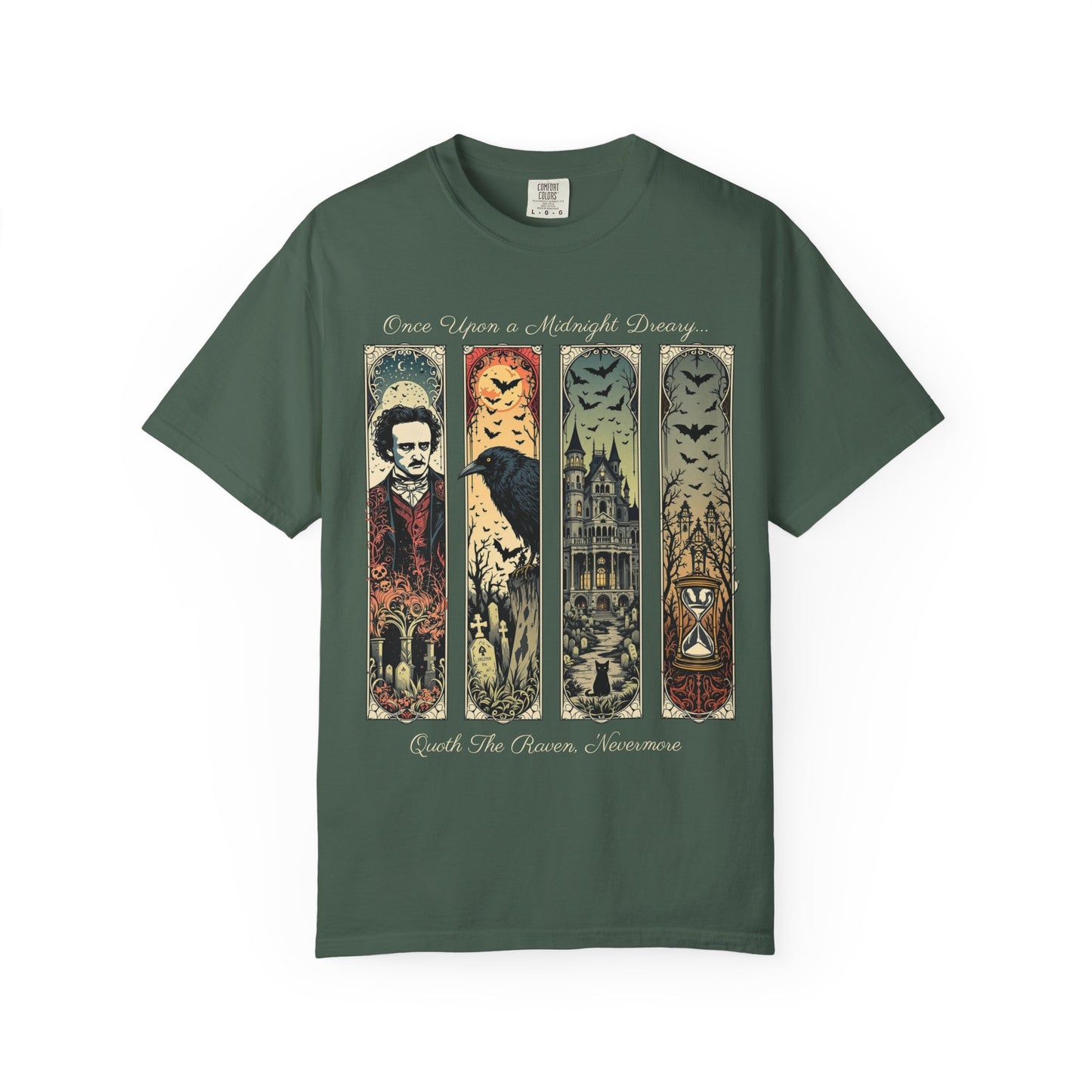 Edgar Allan Poe T-Shirt Gothic Graphic Tee The Raven Nevermore Quote Horror Literature Shirt Dark Academia Aesthetic Halloween Party Gift T-Shirt Printify Blue Spruce S