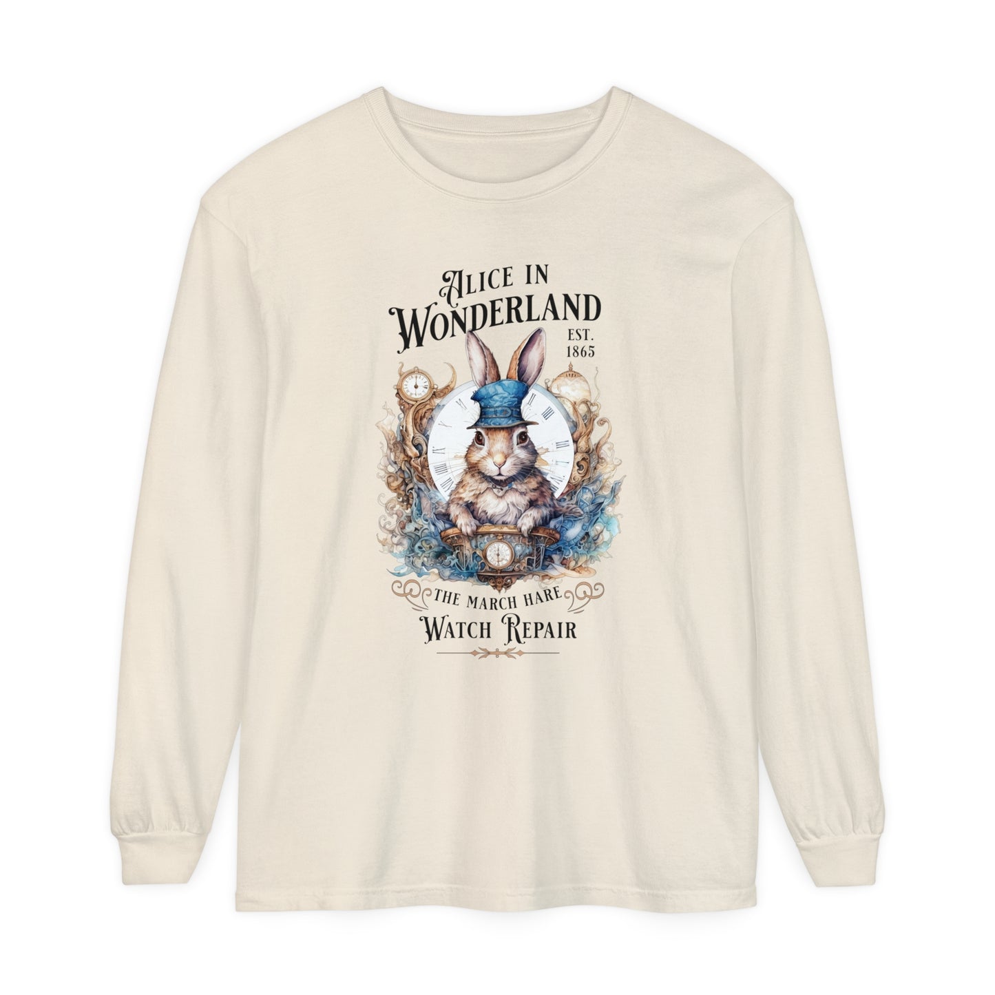 Alice in Wonderland Long Sleeve Shirt, Lewis Carroll Dark Academia TShirt, Mad Hatter Tea Party March Hare White Rabbit Bookish Booktok Gift Long-sleeve Printify Ivory S