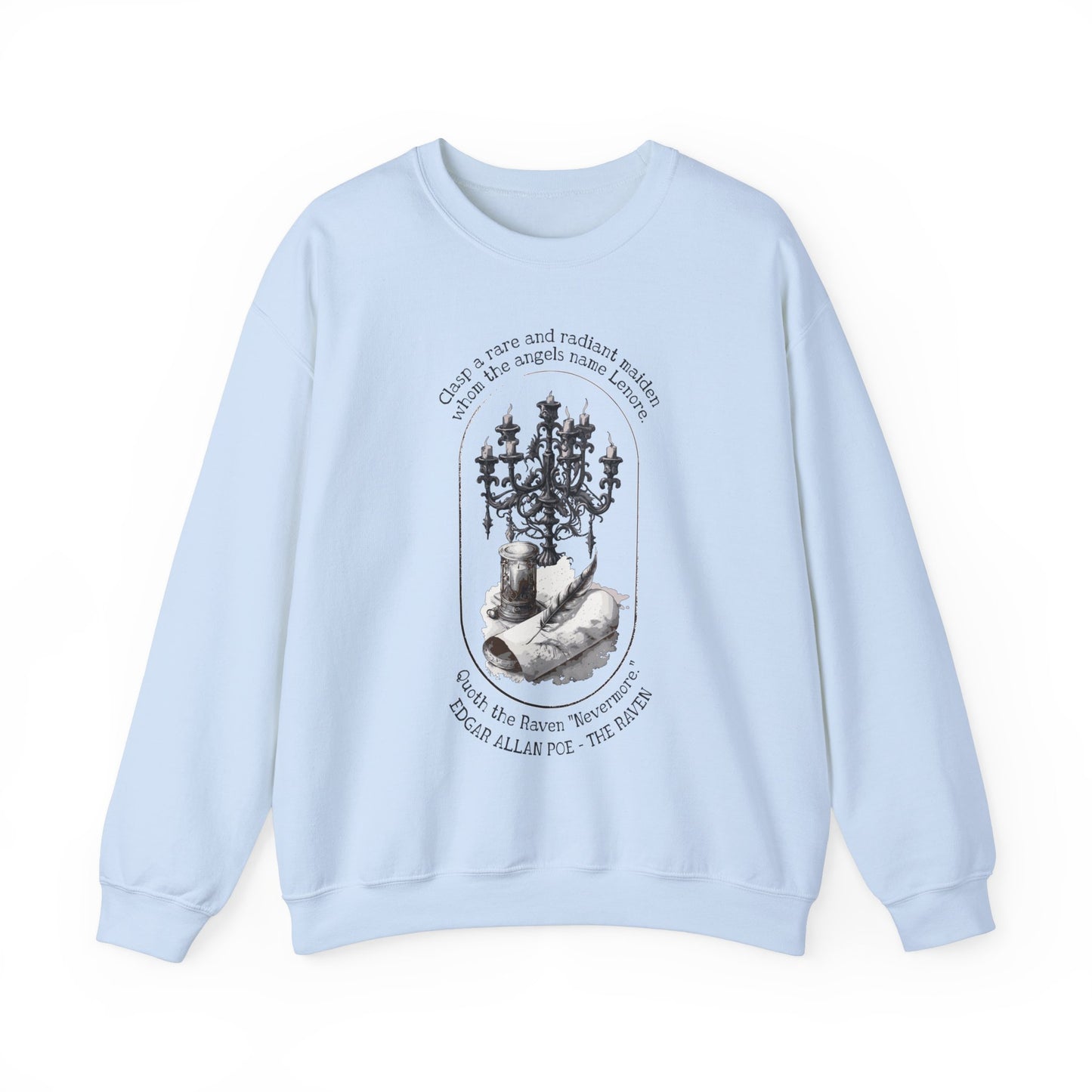 Edgar Allan Poe, Nevermore The Raven Sweatshirt, Book Lover, Halloween, Haunting Gothic Gift, Light, Dark Academia, Horror Movie Sweater Sweatshirt Printify S Light Blue