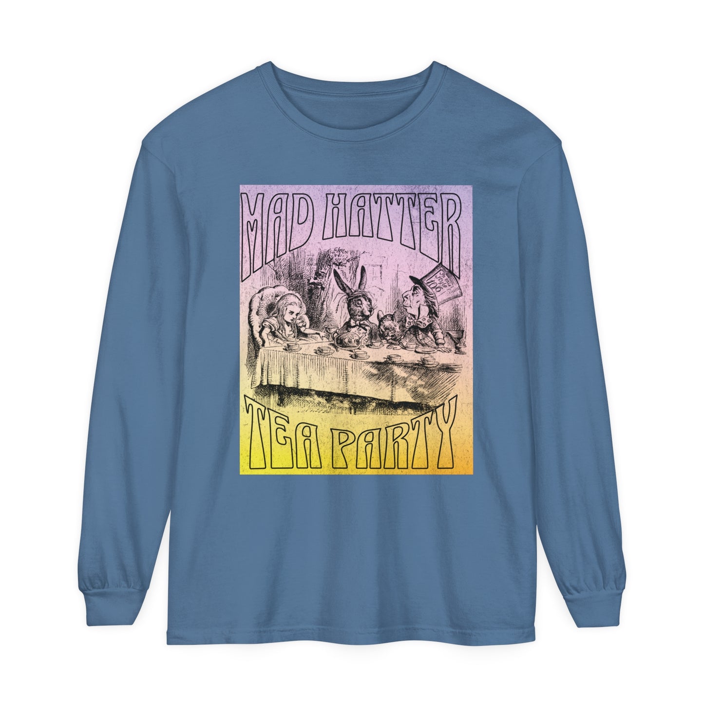 Retro Alice In Wonderland Long Sleeve Shirt, Lewis Carroll Whimsigoth Dark Academia TShirt, Mad Hatter's Tea Party Tee Bookish Booktok Gift Long-sleeve Printify Blue Jean S