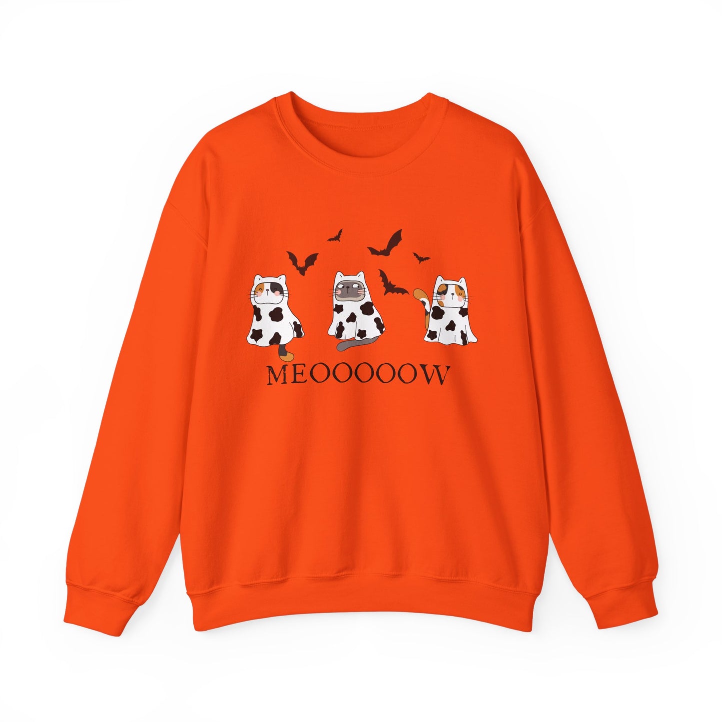 Cute Halloween Cow Ghost Cats Sweatshirt, Cats in Cow Ghost Costumes, Spooky Season Sweater, Halloween Party Shirt, Cat Lover Gift Sweatshirt Printify S Orange