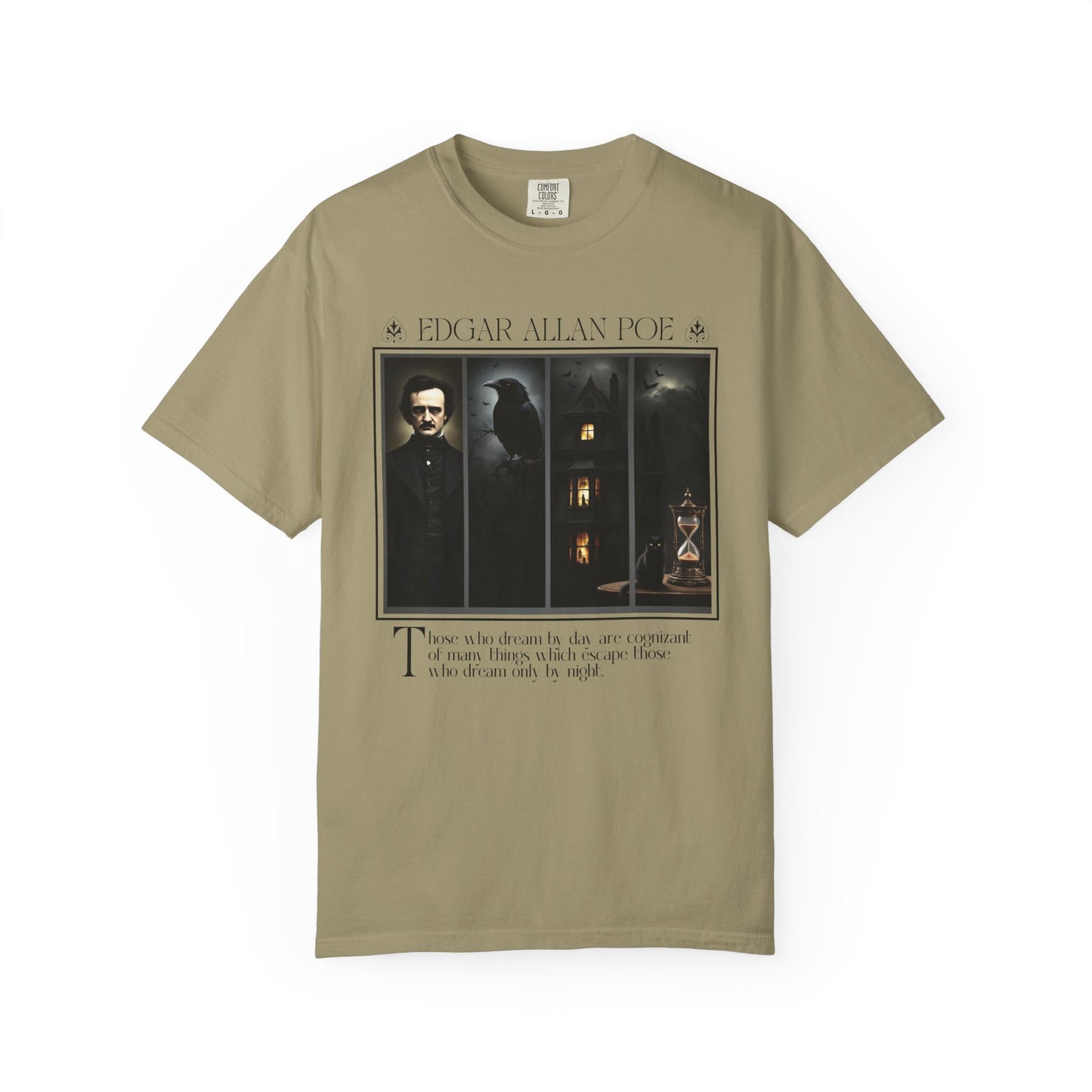 Edgar Allan Poe T-Shirt Gothic Graphic Tee The Raven Nevermore Quote Horror Literature Shirt Dark Academia Aesthetic Halloween Party Gift T-Shirt Printify Khaki S