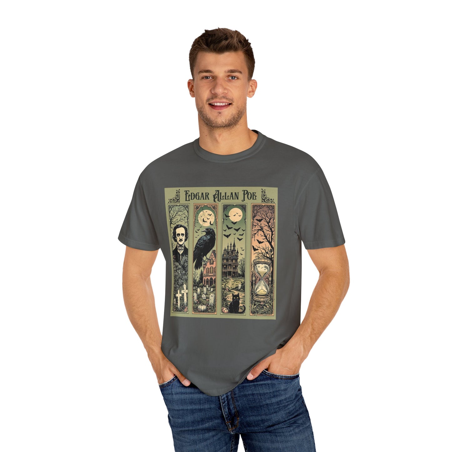 Edgar Allan Poe T-Shirt Gothic Graphic Tee The Raven Nevermore Quote Horror Literature Shirt Dark Academia Aesthetic Halloween Party Gift