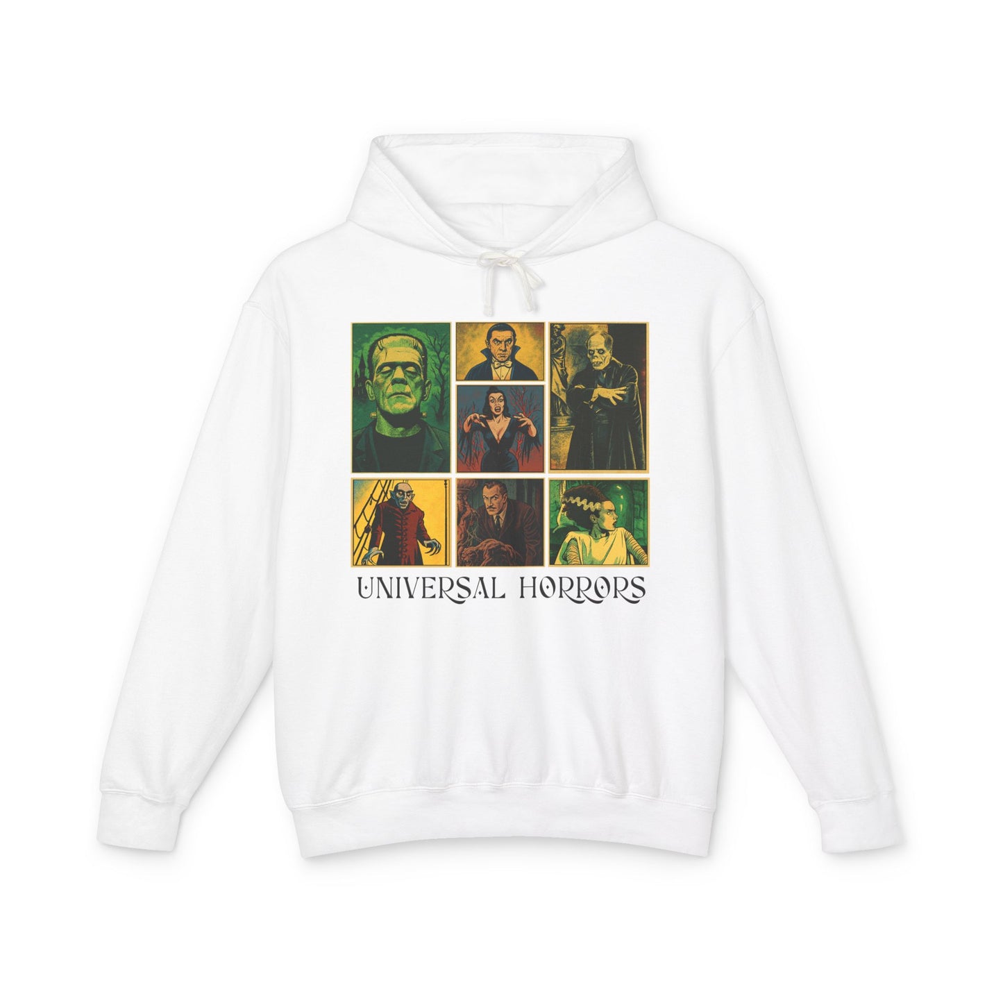 Universal Horrors Unisex Hooded Sweatshirt - Spooky Apparel for Halloween, Horror Fans, Movie Lovers, Cozy Wear, Gift Hoodie Printify S White