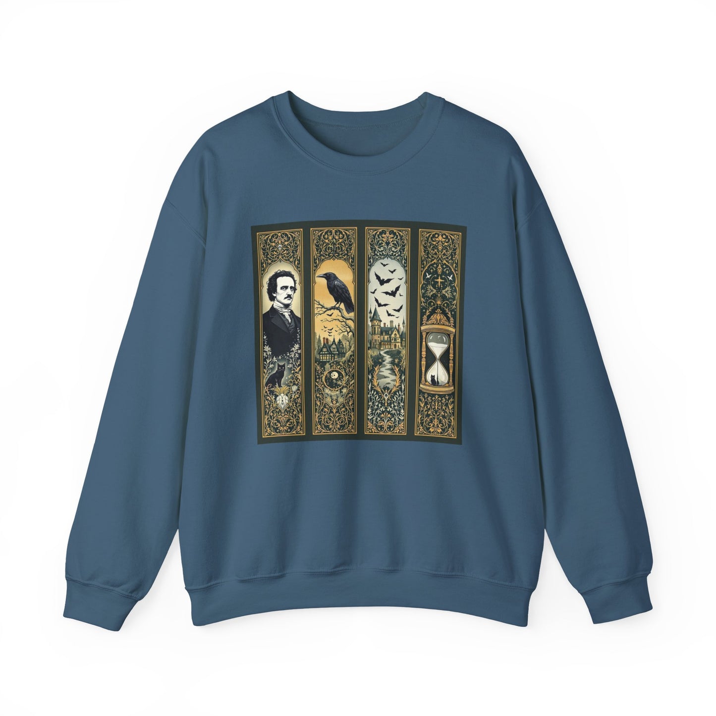 Edgar Allan Poe Sweatshirt The Raven Nevermore Gothic Horror Sweater Dark Academia Macabre Halloween Gift for Book Lovers Birthday Christmas Sweatshirt Printify Indigo Blue S