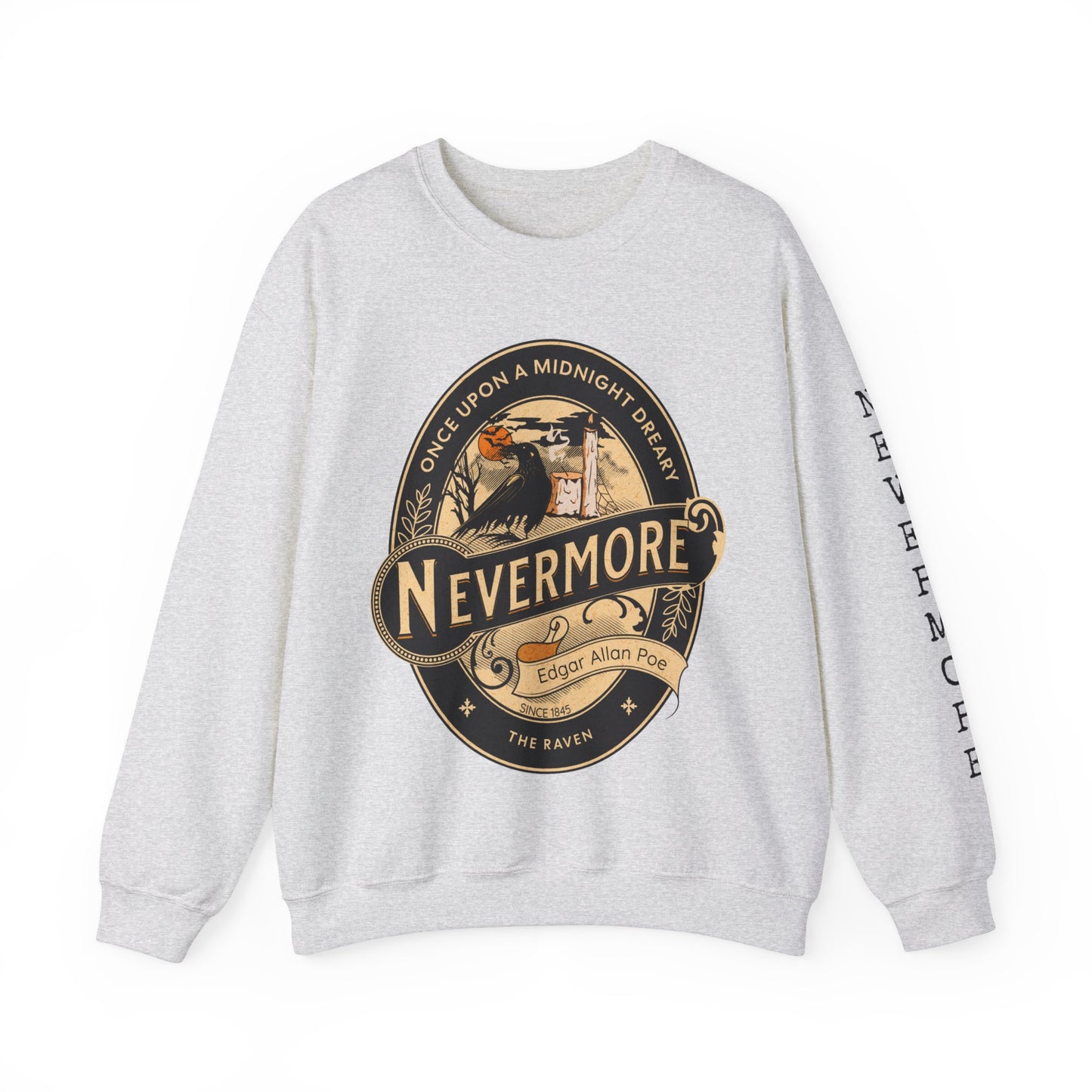 Edgar Allan Poe, Sleeve Print Nevermore The Raven Sweatshirt, Book Lover, Halloween, Haunting Gothic Gift, Light, Dark Academia, Horror Movie Sweater Sweatshirt Printify S Ash