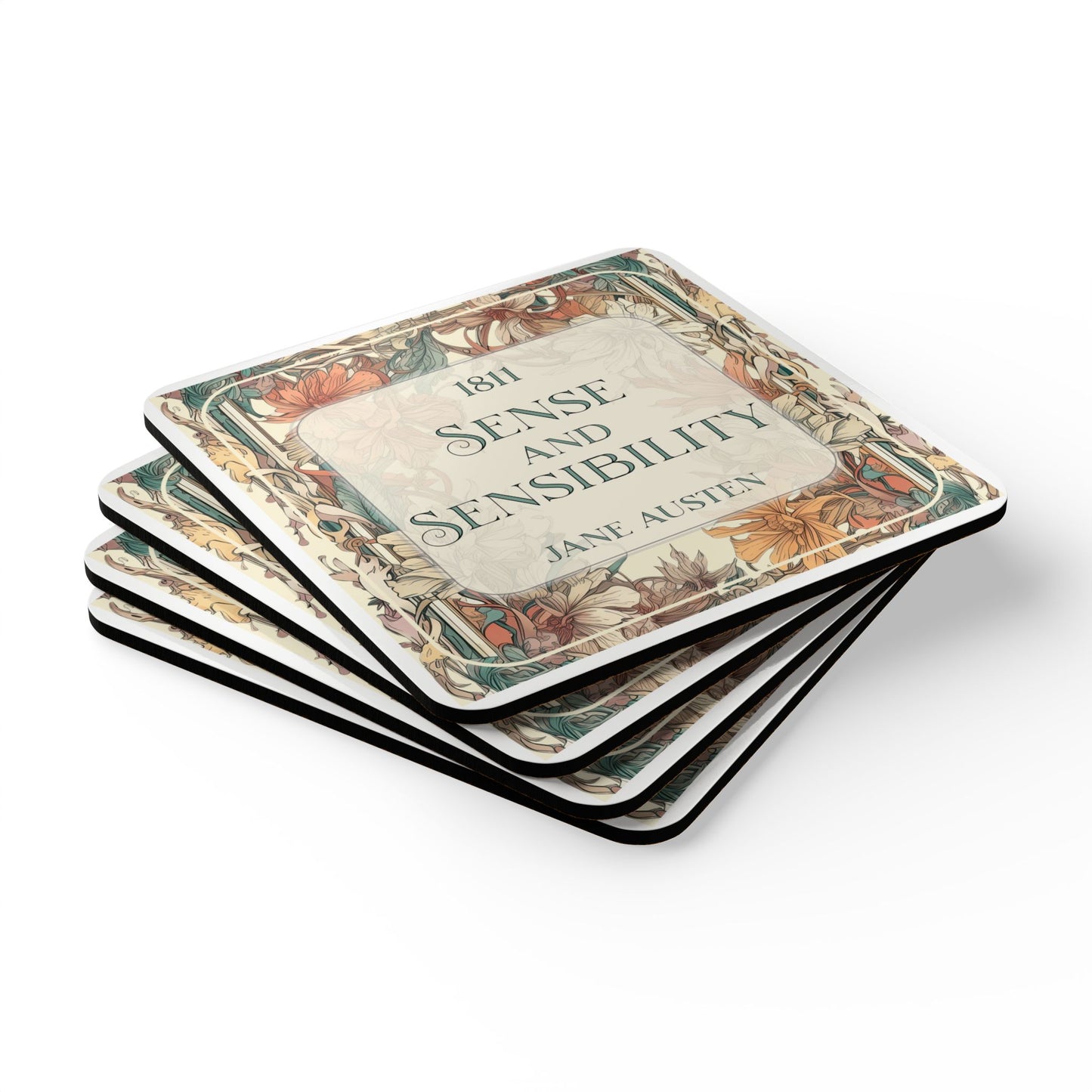Jane Austen Coffee Mug Coasters, Pride & Prejudice Historical Romance Home Decor, Bookish Bookclub Literary Set of 4 Fan Art Gifts for Her, Home Decor Printify