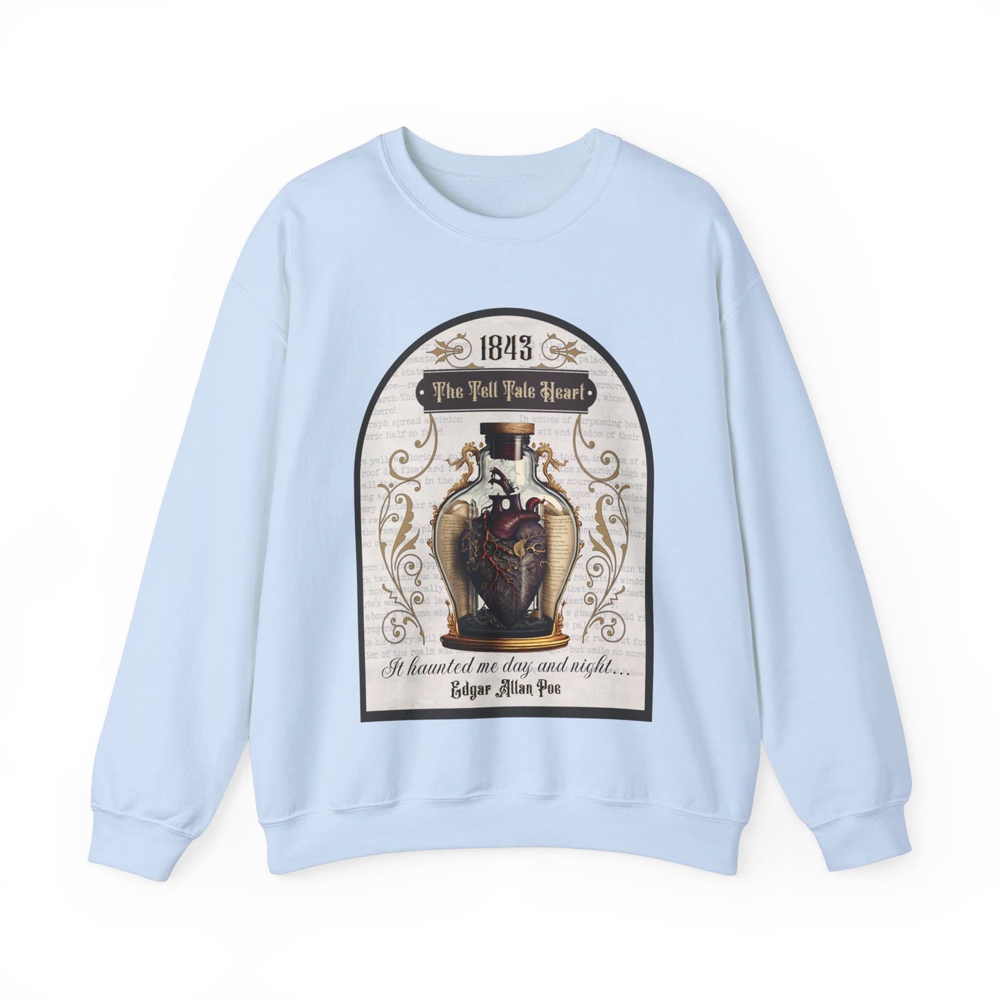 Edgar Allan Poe, The Tell Tale Heart Sweatshirt, Book Lover, Halloween, Haunting Gothic Gift, Light, Dark Academia, Horror Movie Sweater Sweatshirt Printify S Light Blue