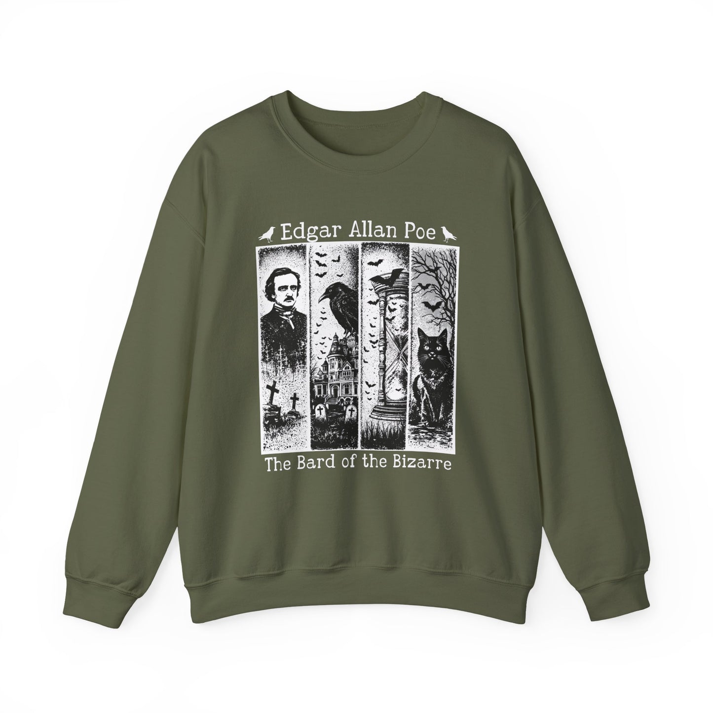 Edgar Allan Poe Sweatshirt The Raven Nevermore Gothic Horror Sweater Dark Academia Macabre Halloween Gift for Book Lovers Birthday Christmas Sweatshirt Printify Military Green S