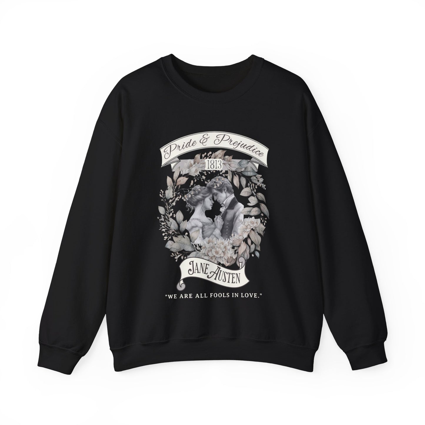 Jane Austen Sweatshirt, Pride & Prejudice Historical Romance Sweater, Bookish Literary Jane Austen Fan Art Gift, Gift for Her, Readers, Sweatshirt Printify S Black