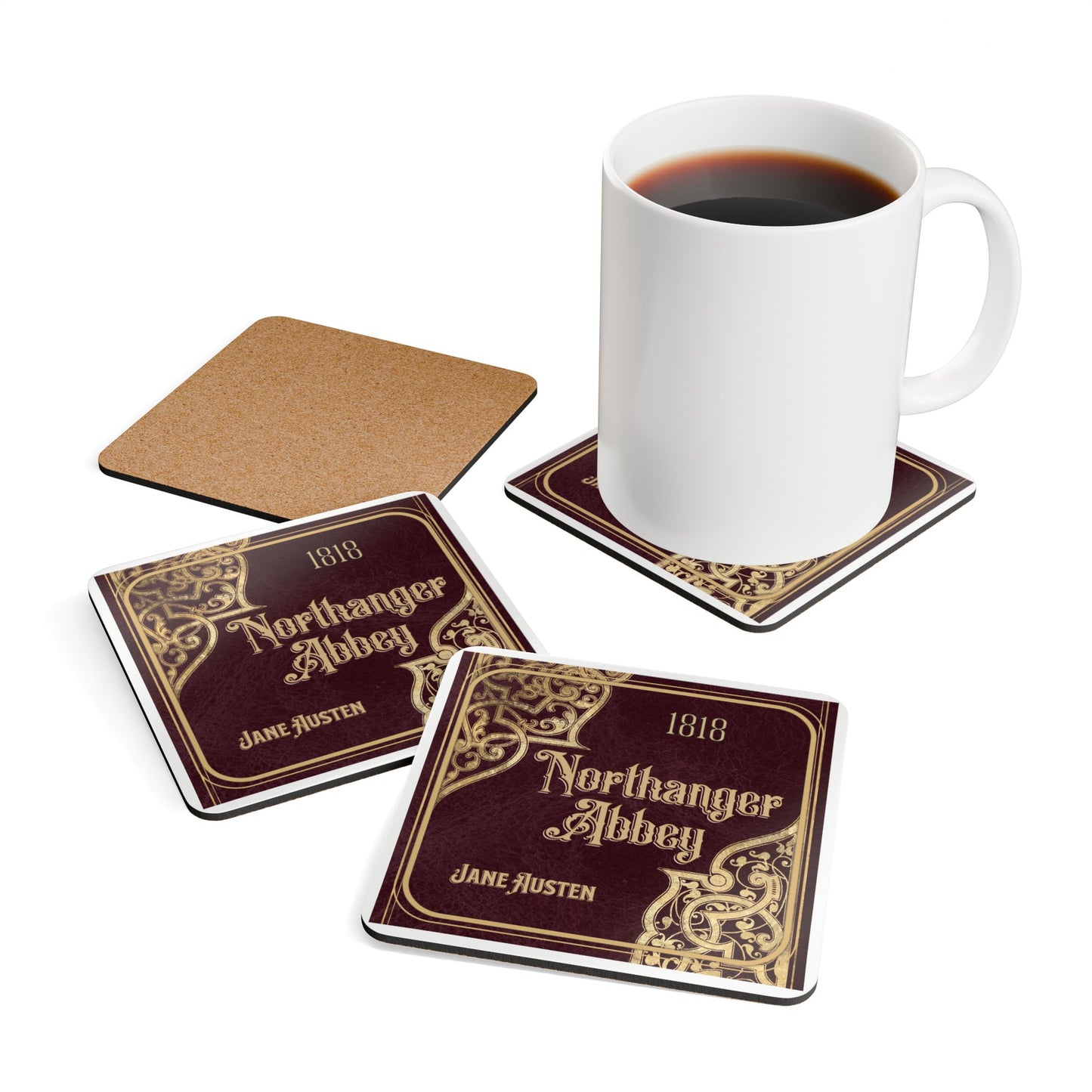 Jane Austen Coffee Mug Coasters, Northanger Abbey Historical Romance Home Decor, Bookish Bookclub Literary Set of 4 Fan Art Gifts for Her, Home Decor Printify